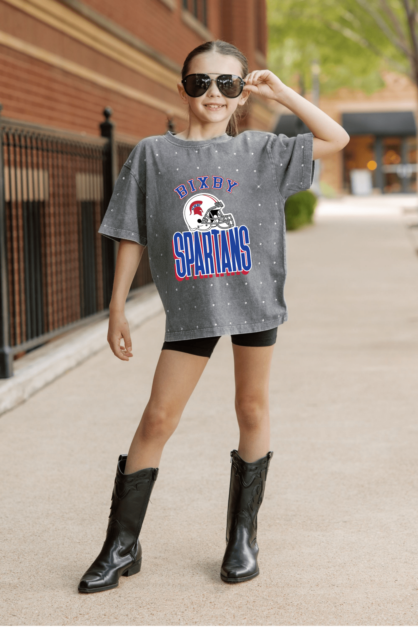BIXBY SPARTANS YOUTH RHINESTONE VINTAGE WASH BOYFRIEND TEE - The Club