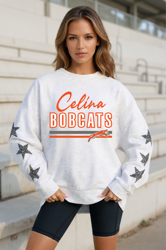 CELINA BOBCATS EMBELLISHED STAR SLEEVE CREWNECK SWEATSHIRT