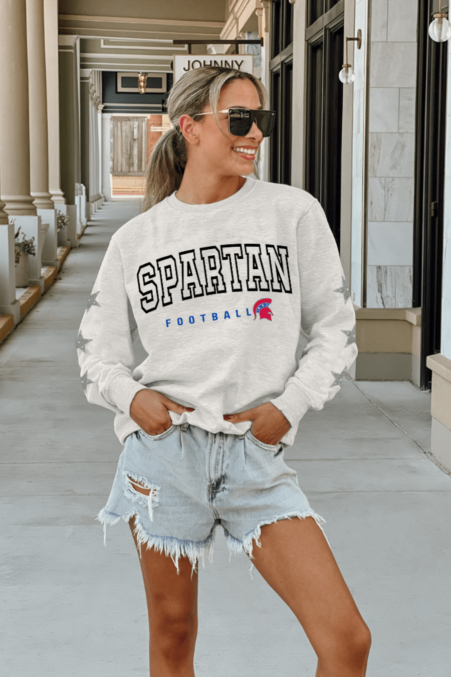 BIXBY SPARTANS EMBELLISHED STAR SLEEVE CREWNECK SWEATSHIRT - The Club