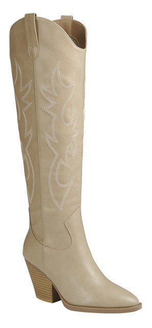 Taupe Scarlett Tall Western Boots with Embroidered Details - Side View | Gameday Couture - SOHO