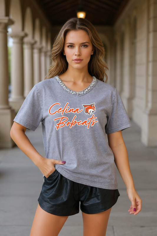 CELINA BOBCATS RHINESTONE V-NECK TEE