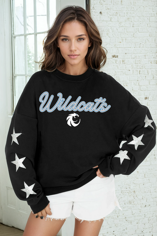 DENTON GUYER WILDCATS EMBELLISHED STAR SLEEVE CREWNECK SWEATSHIRT