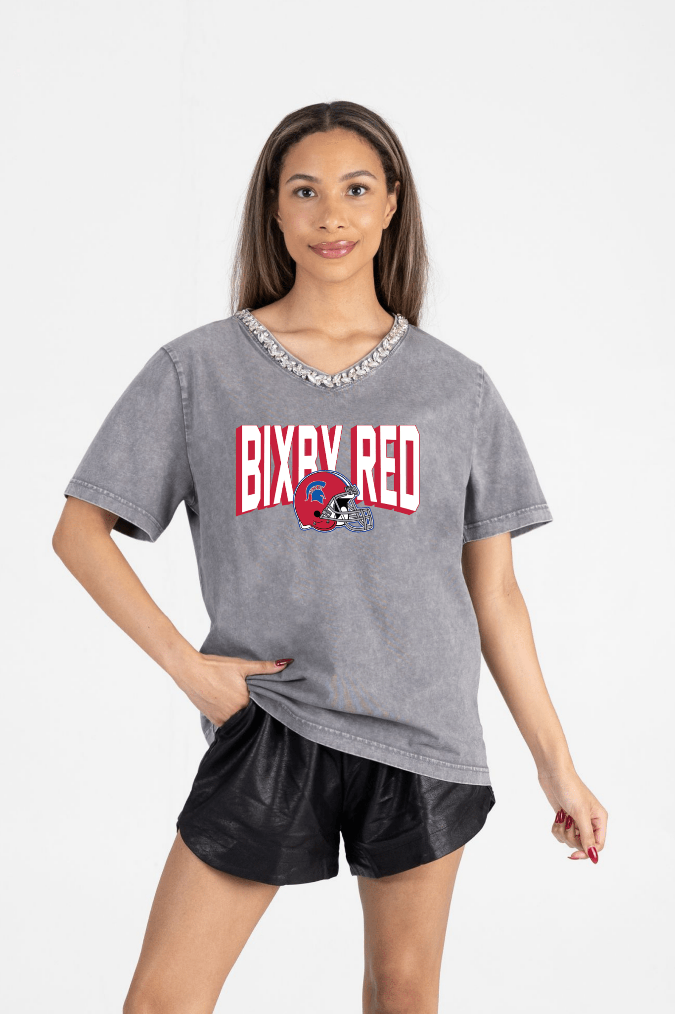 BIXBY RED FOOTBALL RHINESTONE V - NECK TEE - The Club