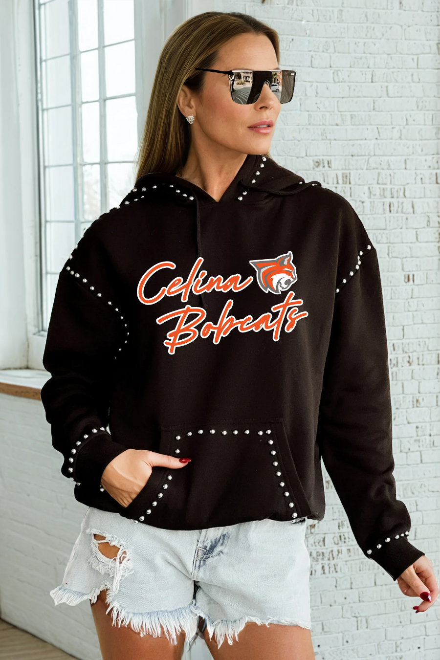 CELINA BOBCATS STUDDED DETAIL FLEECE FRONT POCKET HOODIE