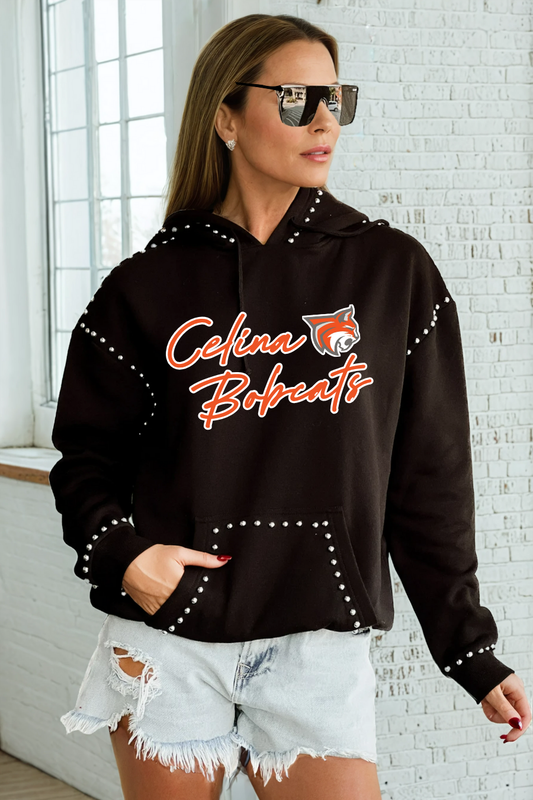 CELINA BOBCATS STUDDED DETAIL FLEECE FRONT POCKET HOODIE
