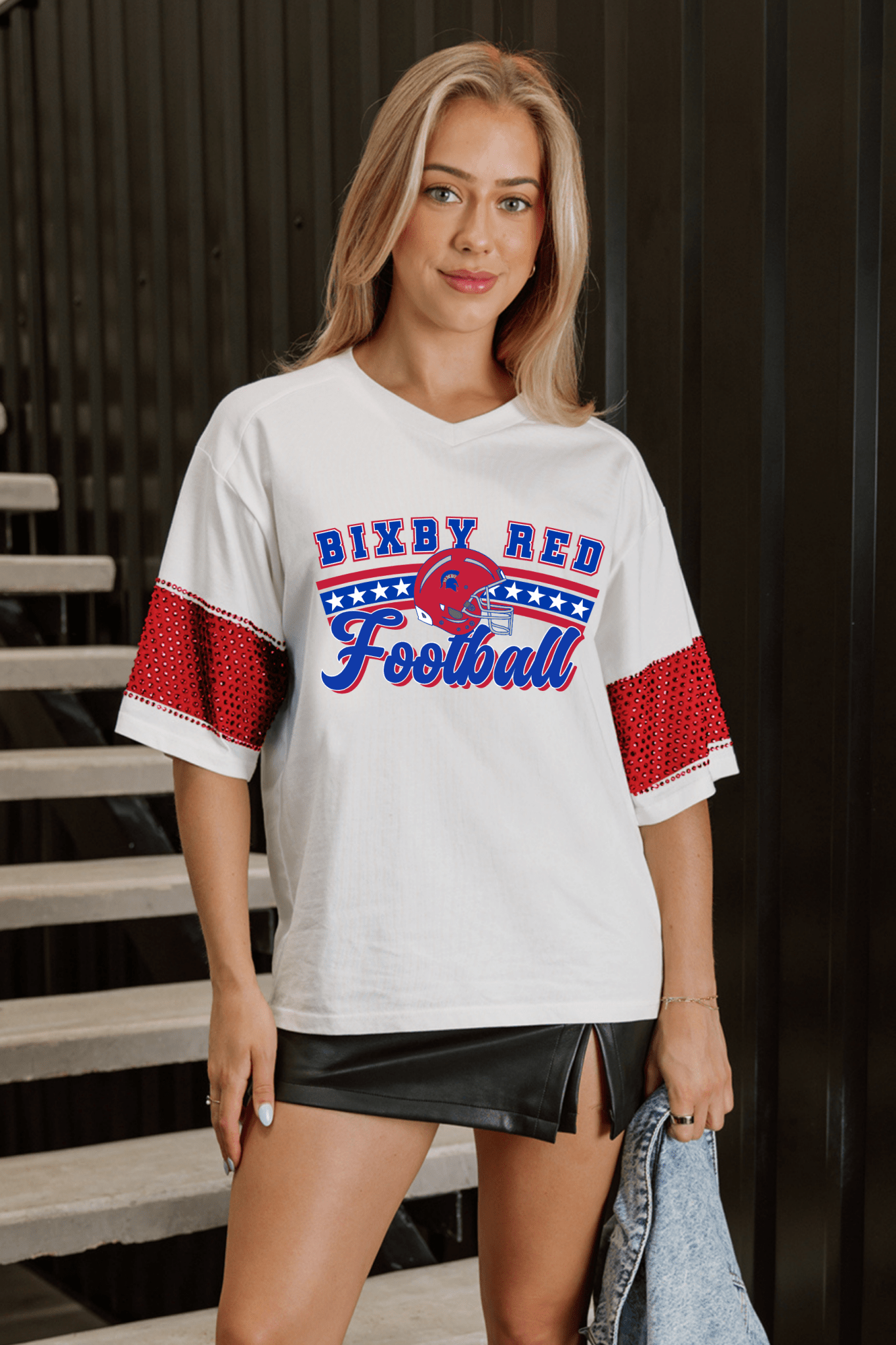 BIXBY RED FOOTBALL VARSITY RHINESTONE STRIPE TEE - The Club