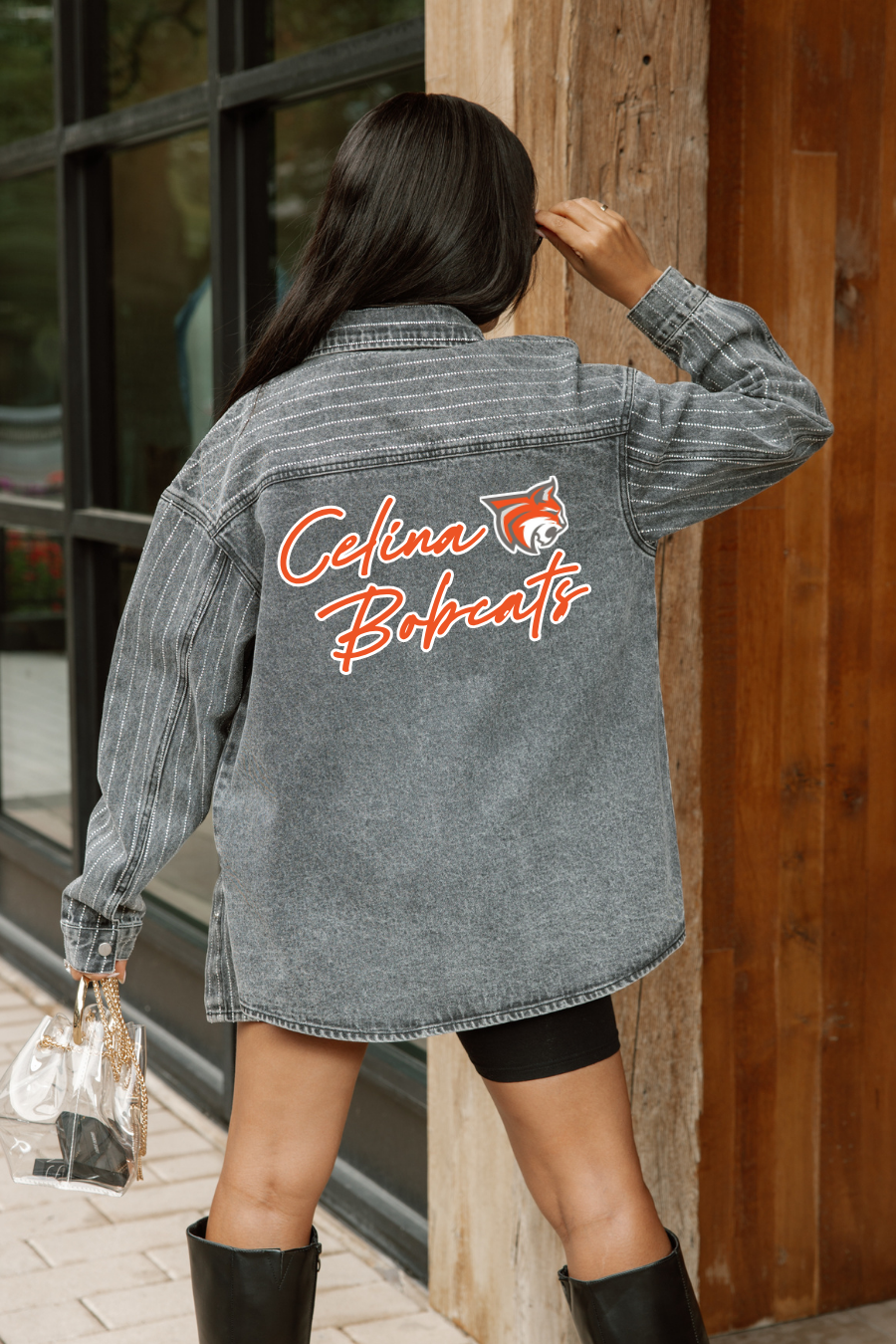 CELINA BOBCATS RHINESTONE DETAIL DENIM JACKET IN BLACK