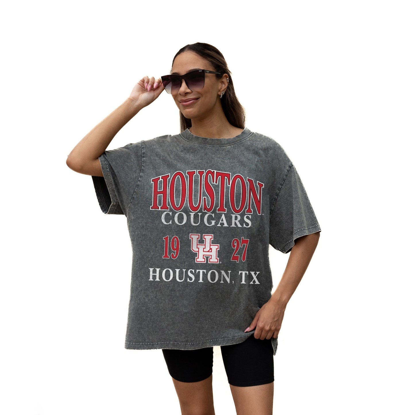 HOUSTON COUGARS THROWBACK RELAXED FIT SNOW WASH SHORT SLEEVE CLASSIC CREWNECK TEE WITH RIBBED NECKLINE - The Club