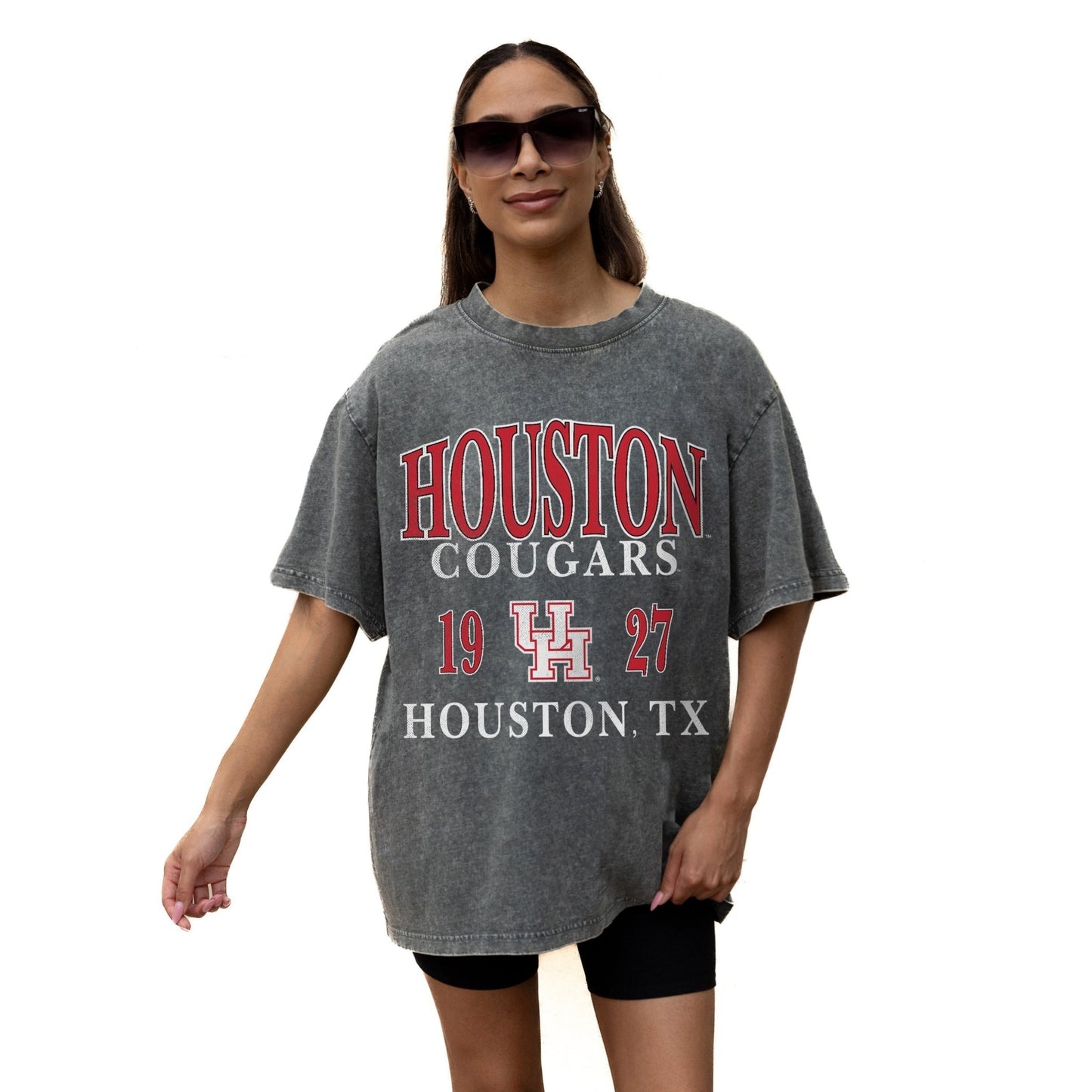 HOUSTON COUGARS THROWBACK RELAXED FIT SNOW WASH SHORT SLEEVE CLASSIC CREWNECK TEE WITH RIBBED NECKLINE - The Club