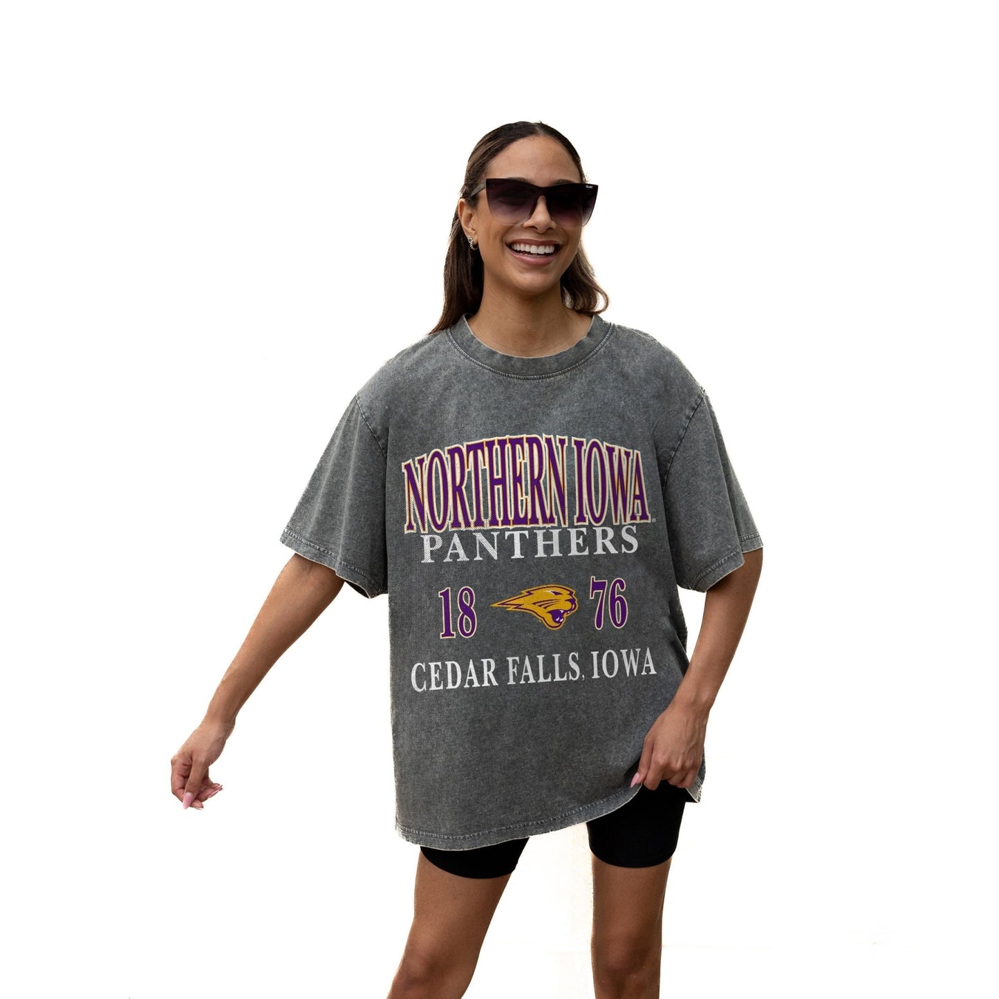 NORTHERN IOWA PANTHERS THROWBACK RELAXED FIT SNOW WASH SHORT SLEEVE CLASSIC CREWNECK TEE WITH RIBBED NECKLINE - The Club