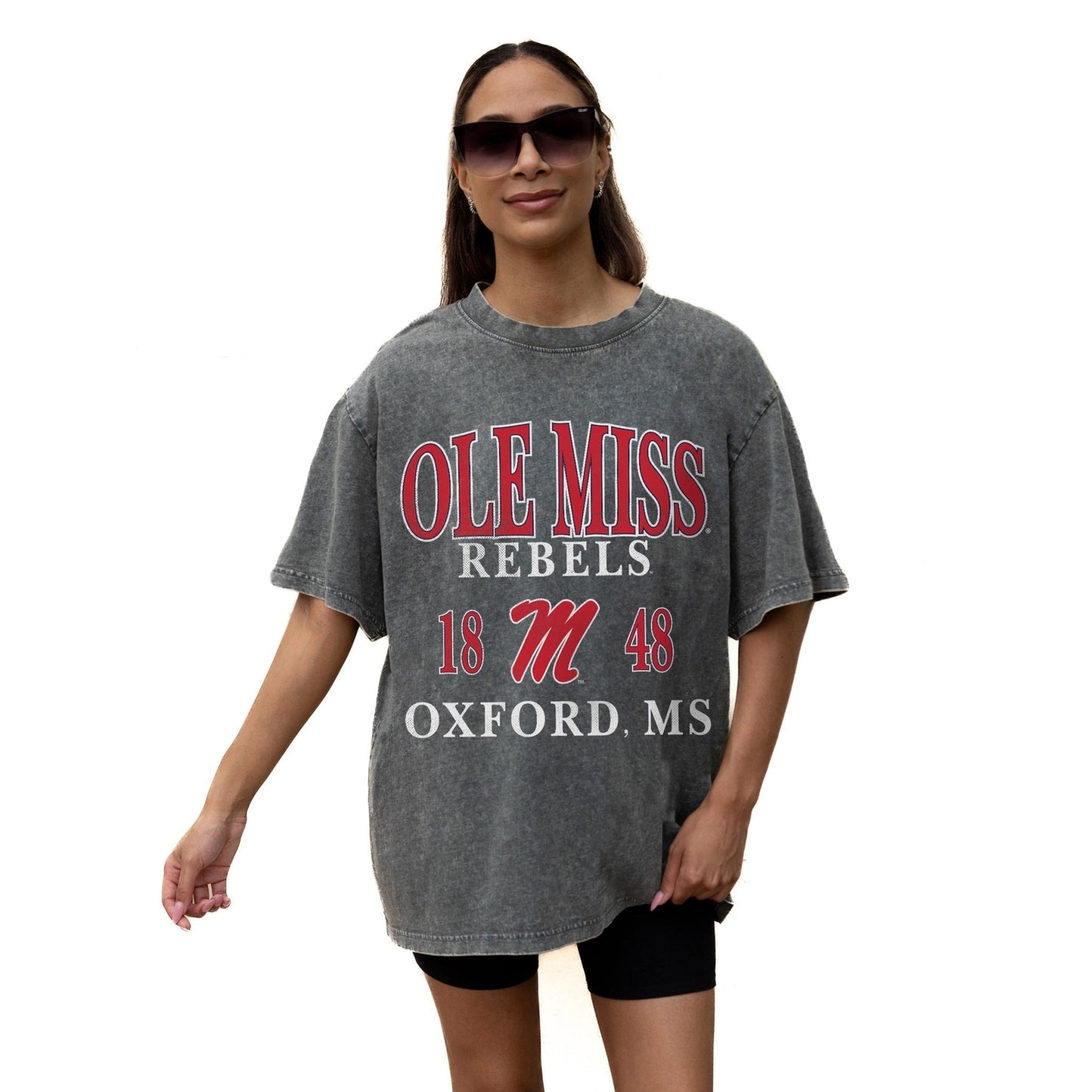 OLE MISS REBELS THROWBACK RELAXED FIT SNOW WASH SHORT SLEEVE CLASSIC CREWNECK TEE WITH RIBBED NECKLINE - The Club