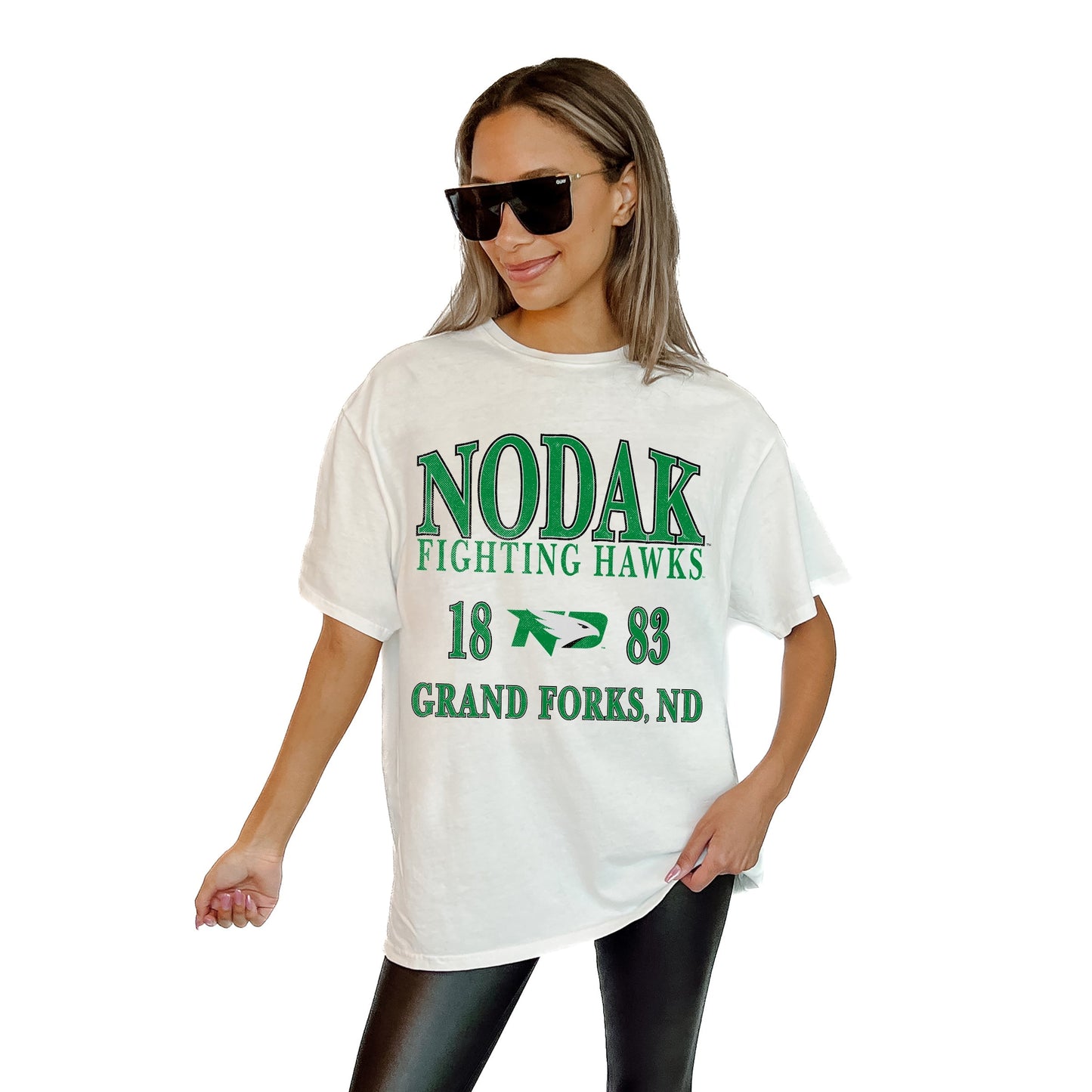 NORTH DAKOTA FIGHTING HAWKS UNITY RELAXED FIT SHORT SLEEVE CLASSIC CREWNECK TEE WITH RIBBED NECKLINE