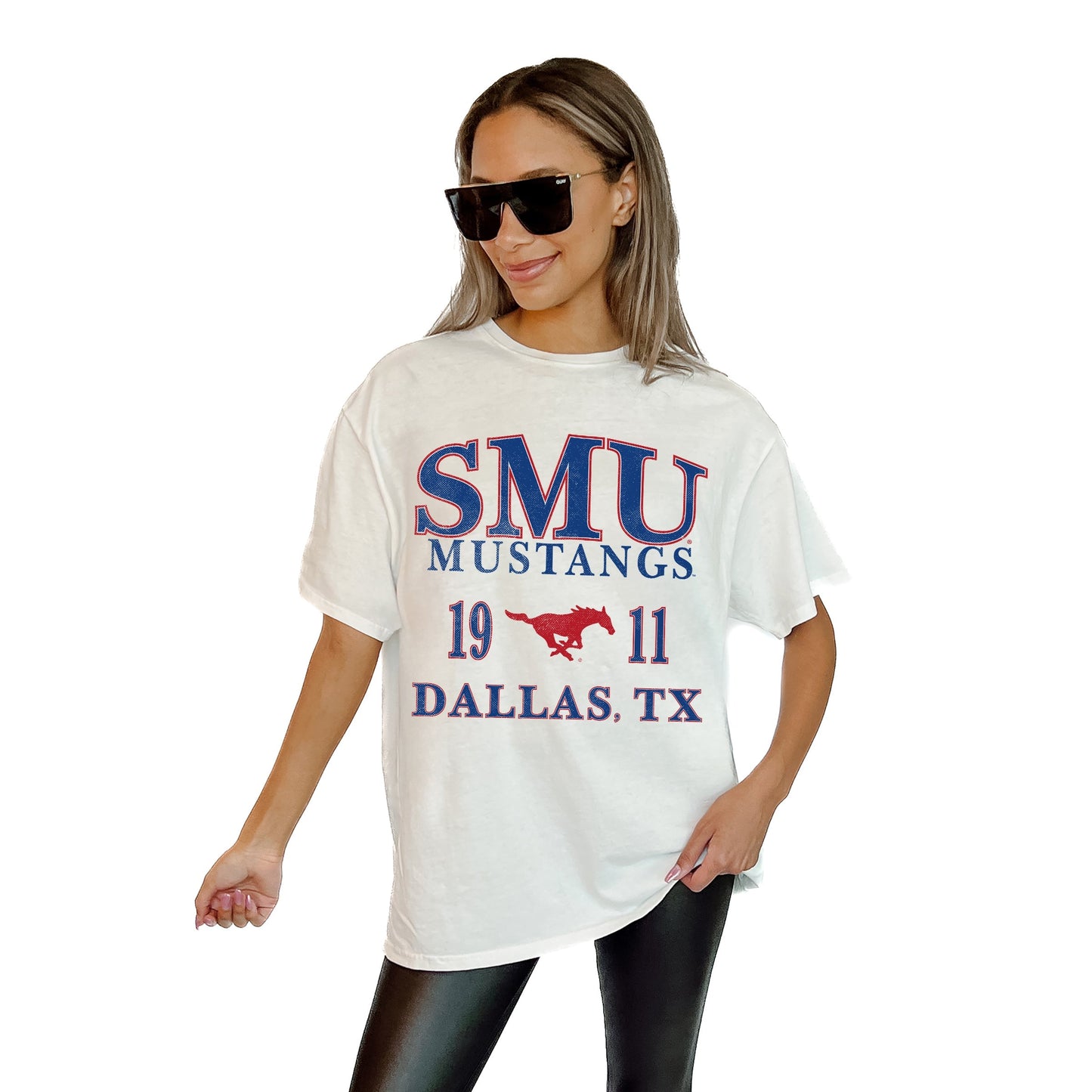 SMU MUSTANGS UNITY RELAXED FIT SHORT SLEEVE CLASSIC CREWNECK TEE WITH RIBBED NECKLINE
