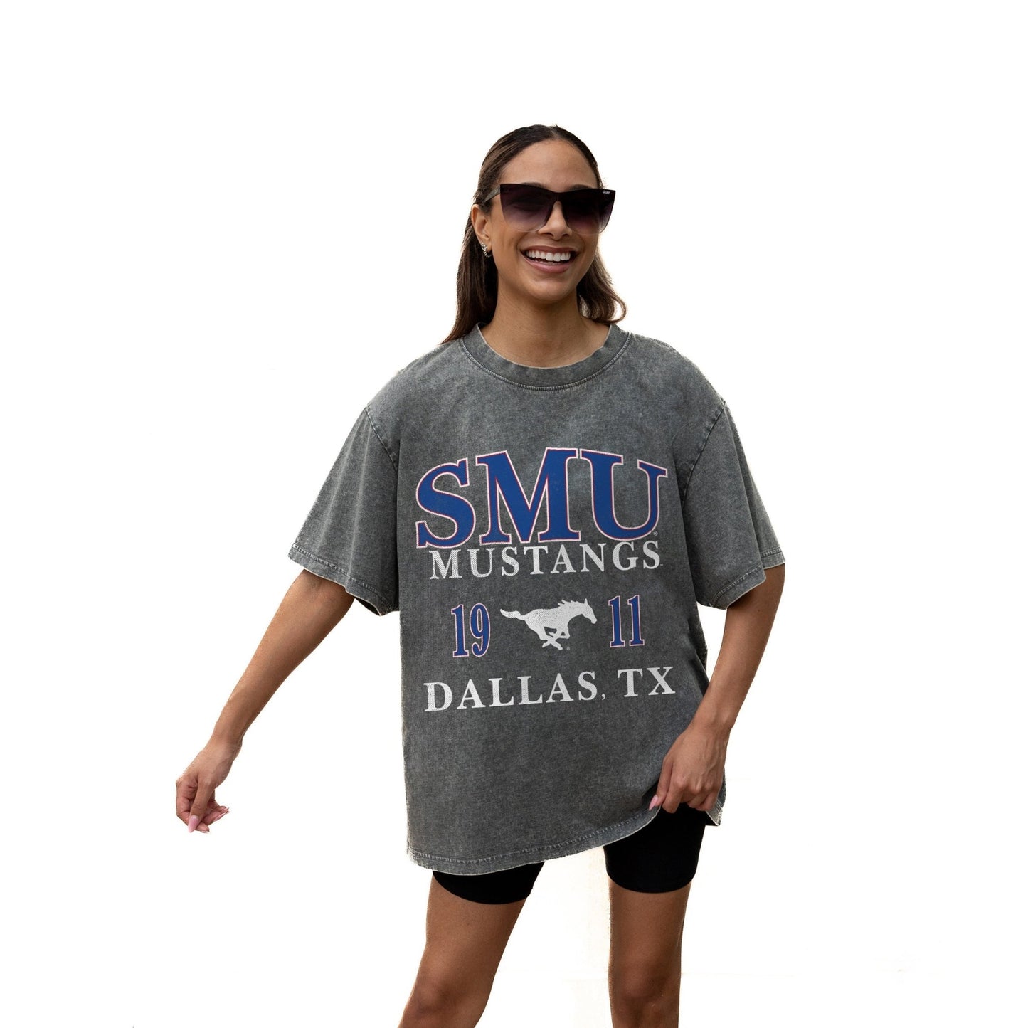 SMU MUSTANGS THROWBACK RELAXED FIT SNOW WASH SHORT SLEEVE CLASSIC CREWNECK TEE WITH RIBBED NECKLINE - The Club