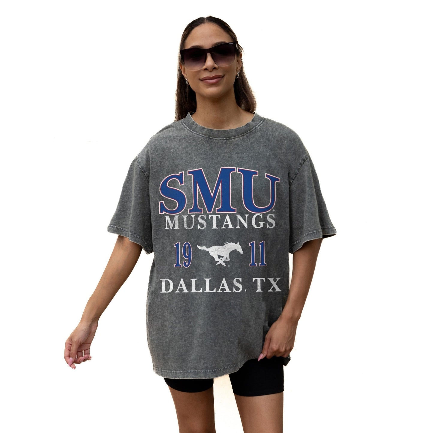 SMU MUSTANGS THROWBACK RELAXED FIT SNOW WASH SHORT SLEEVE CLASSIC CREWNECK TEE WITH RIBBED NECKLINE - The Club