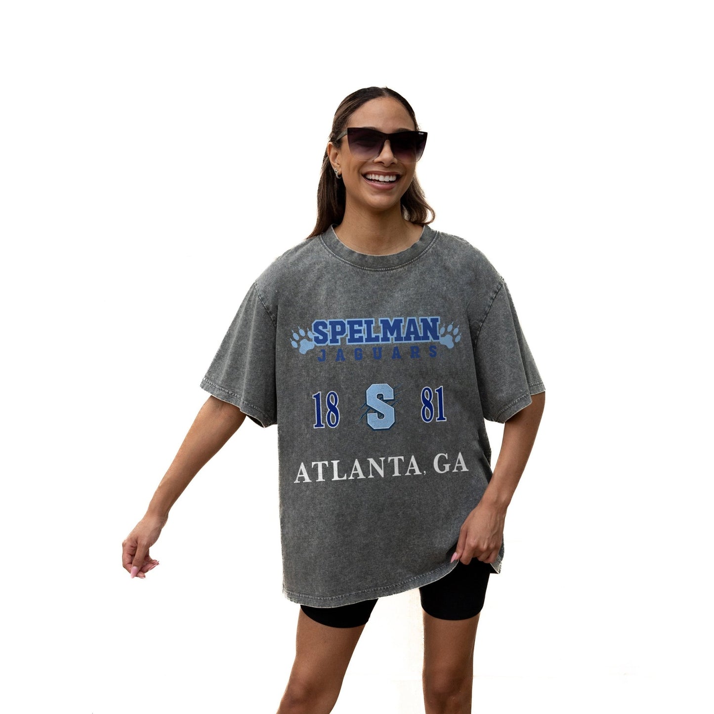 SPELMAN COLLEGE JAGUARS THROWBACK RELAXED FIT SNOW WASH SHORT SLEEVE CLASSIC CREWNECK TEE WITH RIBBED NECKLINE - The Club