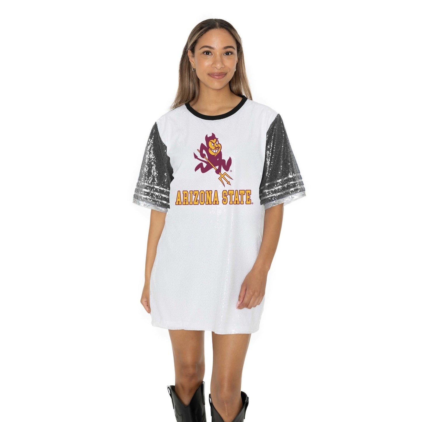 ARIZONA STATE SUN DEVILS BLING IT FULL SEQUIN FASHION JERSEY TUNIC DRESS WITH SPORTS STRIPE SLEEVE DETAIL AND LIGHTWEIGHT GARMENT LINING - The Club
