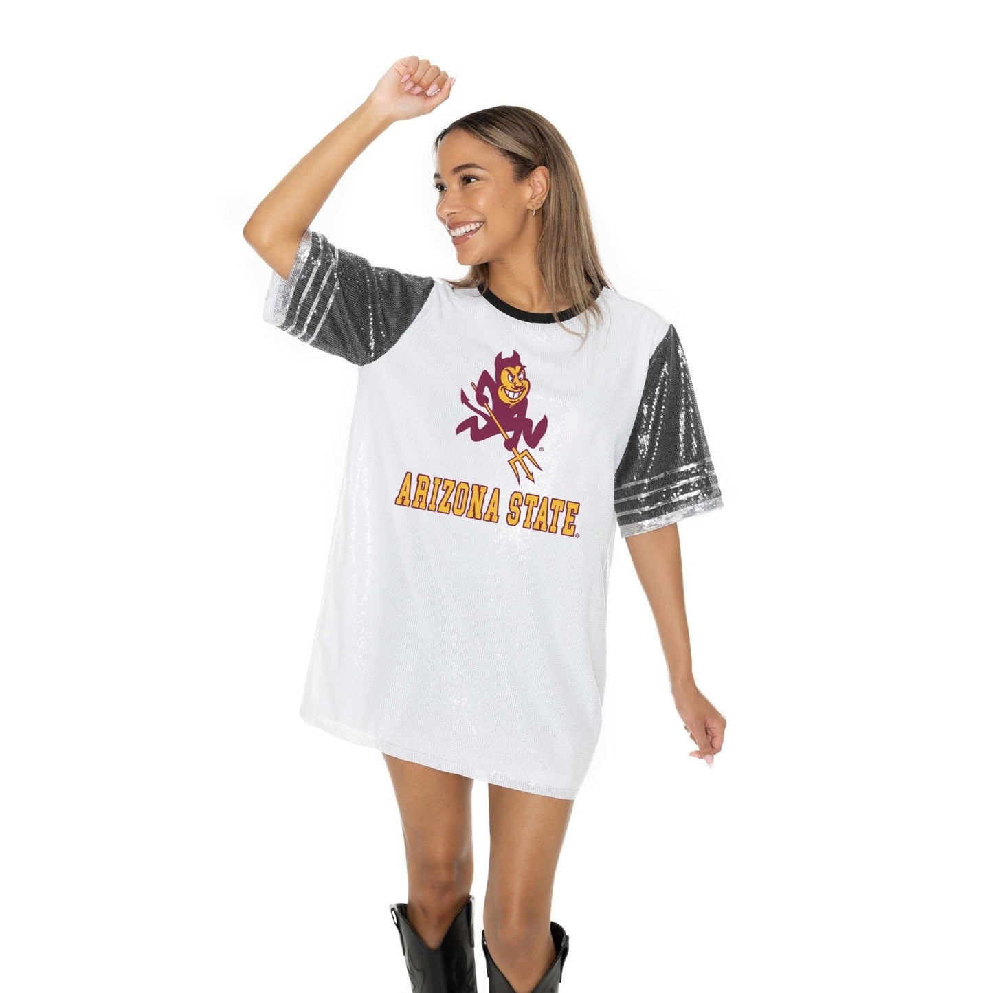 ARIZONA STATE SUN DEVILS BLING IT FULL SEQUIN FASHION JERSEY TUNIC DRESS WITH SPORTS STRIPE SLEEVE DETAIL AND LIGHTWEIGHT GARMENT LINING - The Club