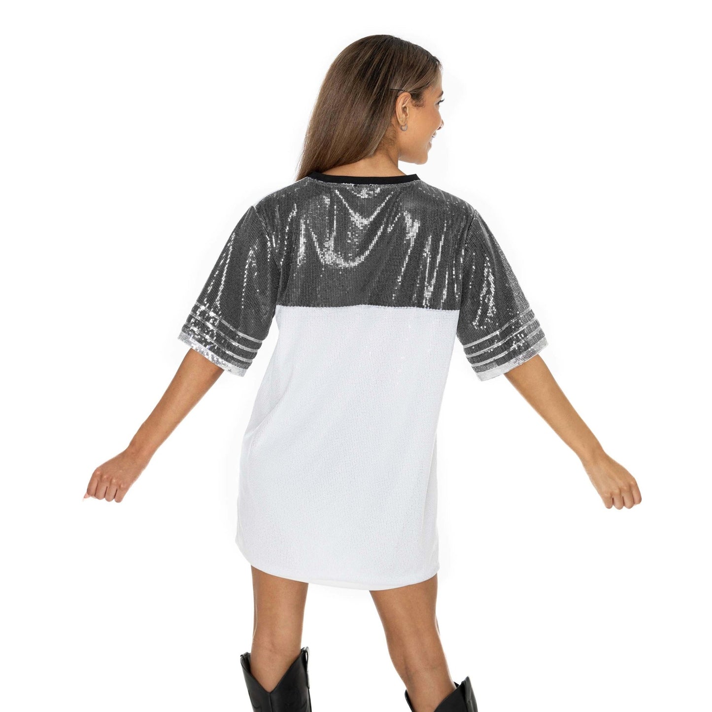 ARIZONA STATE SUN DEVILS BLING IT FULL SEQUIN FASHION JERSEY TUNIC DRESS WITH SPORTS STRIPE SLEEVE DETAIL AND LIGHTWEIGHT GARMENT LINING - The Club