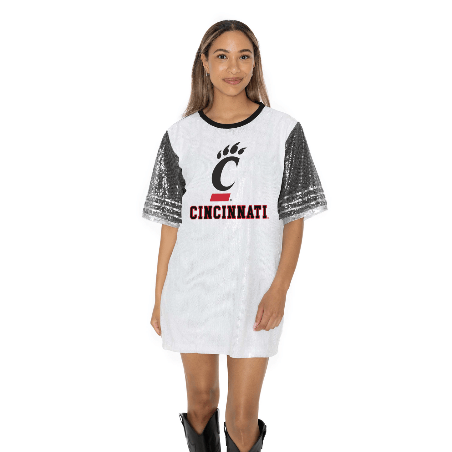 CINCINNATI BEARCATS BLING IT FULL SEQUIN FASHION JERSEY TUNIC DRESS WITH SPORTS STRIPE SLEEVE DETAIL AND LIGHTWEIGHT GARMENT LINING - The Club