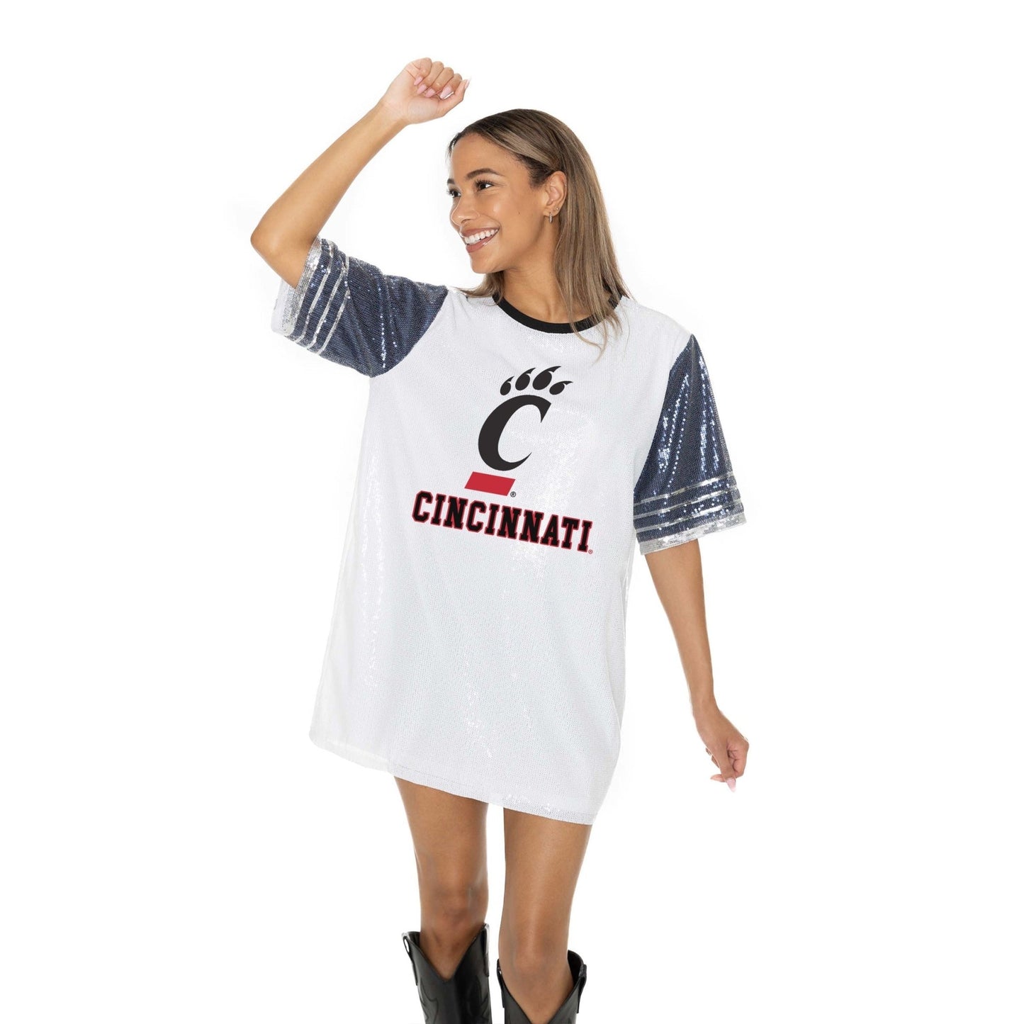 CINCINNATI BEARCATS BLING IT FULL SEQUIN FASHION JERSEY TUNIC DRESS WITH SPORTS STRIPE SLEEVE DETAIL AND LIGHTWEIGHT GARMENT LINING - The Club