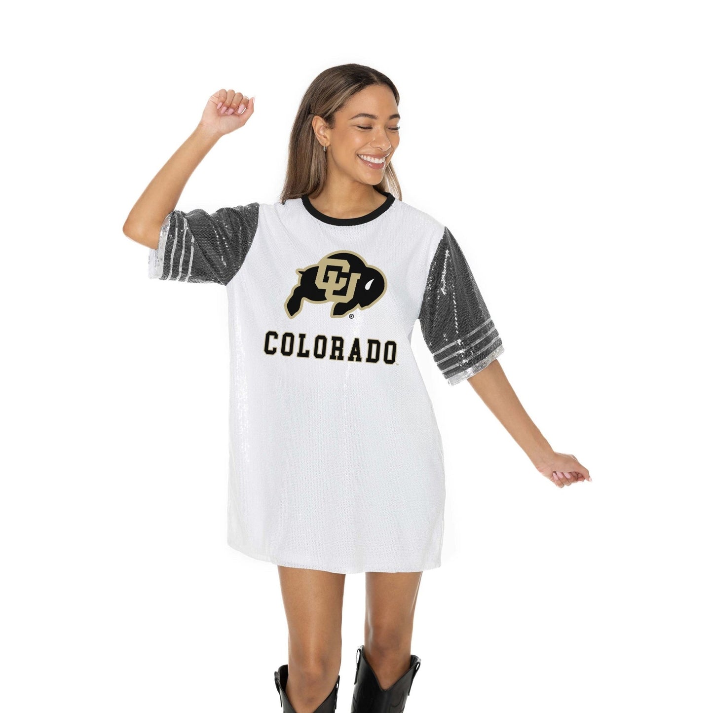 COLORADO BUFFALOES BLING IT FULL SEQUIN FASHION JERSEY TUNIC DRESS WITH SPORTS STRIPE SLEEVE DETAIL AND LIGHTWEIGHT GARMENT LINING - The Club