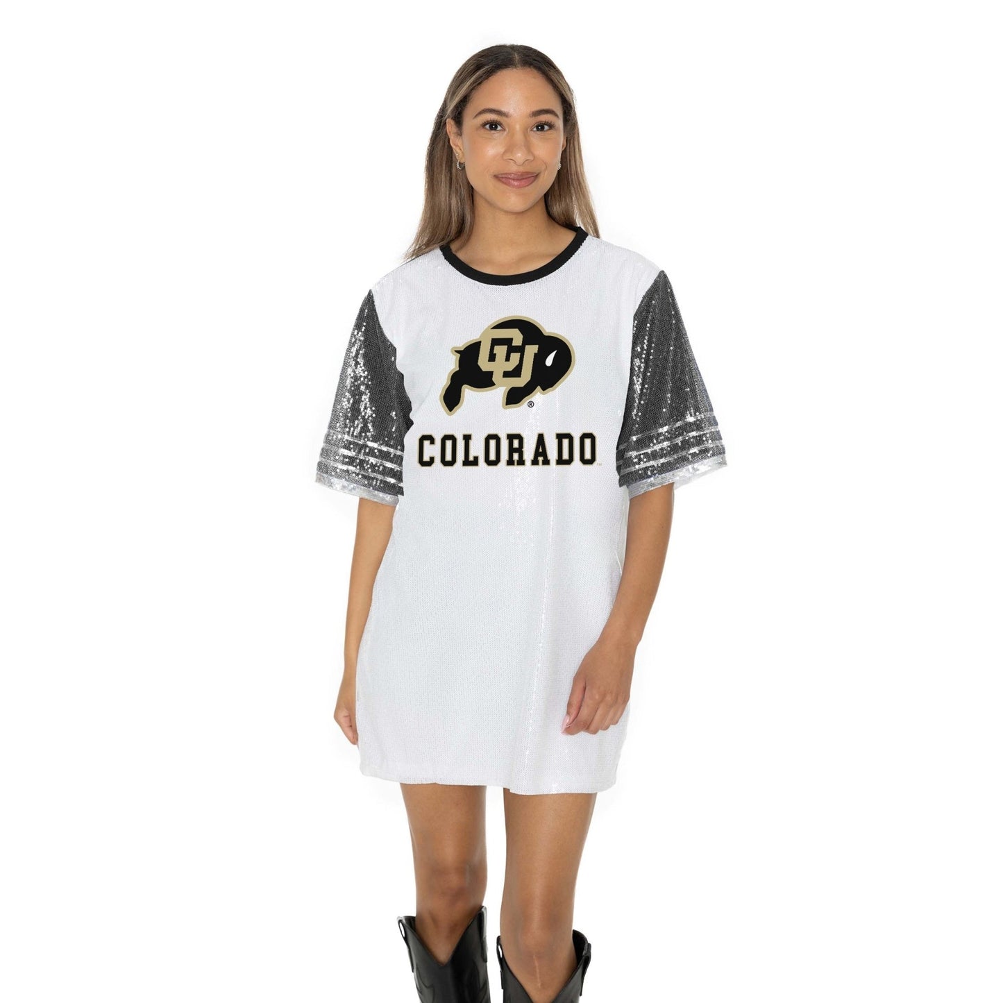 COLORADO BUFFALOES BLING IT FULL SEQUIN FASHION JERSEY TUNIC DRESS WITH SPORTS STRIPE SLEEVE DETAIL AND LIGHTWEIGHT GARMENT LINING - The Club
