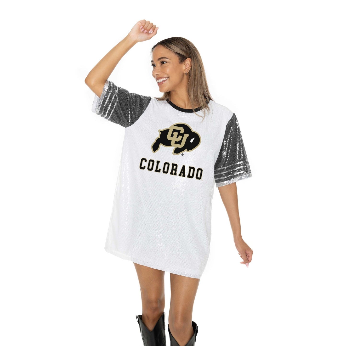 COLORADO BUFFALOES BLING IT FULL SEQUIN FASHION JERSEY TUNIC DRESS WITH SPORTS STRIPE SLEEVE DETAIL AND LIGHTWEIGHT GARMENT LINING - The Club