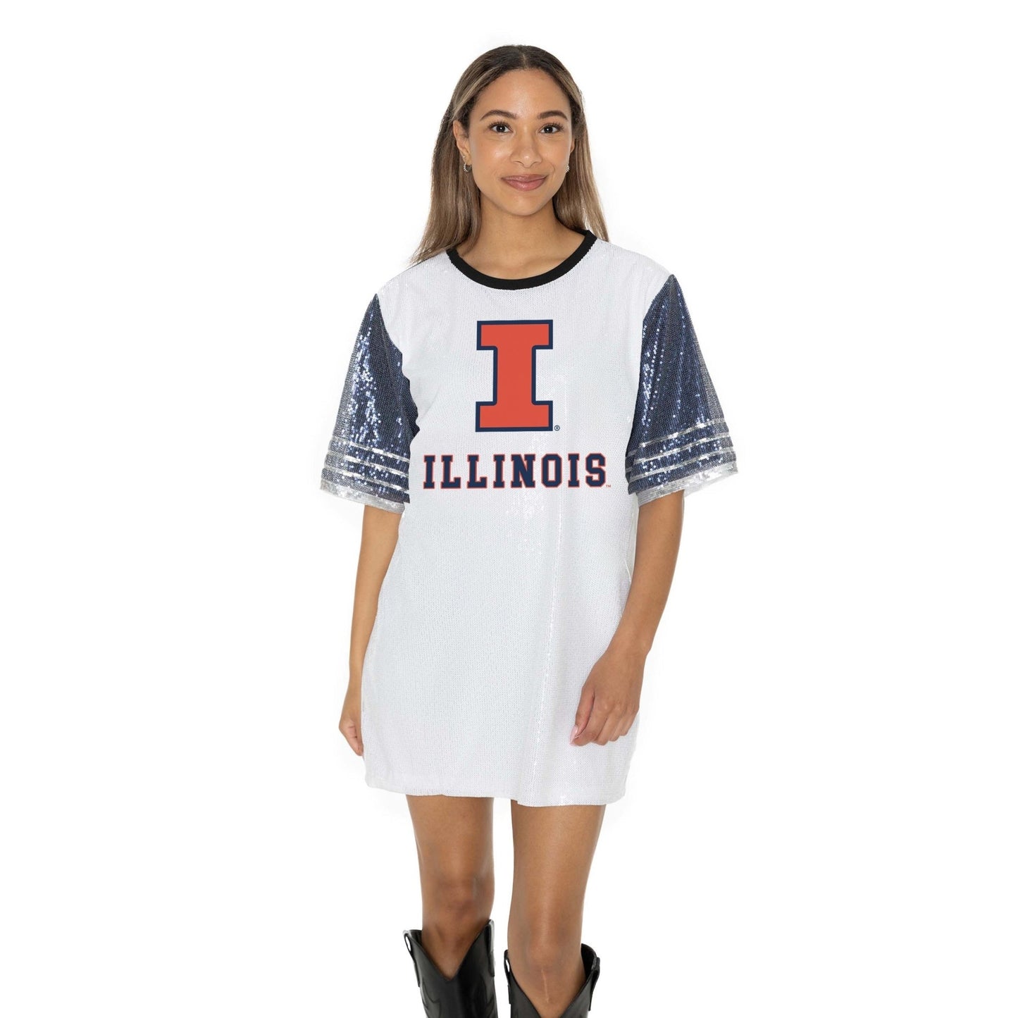 ILLINOIS FIGHTING ILLINI BLING IT FULL SEQUIN FASHION JERSEY TUNIC DRESS WITH SPORTS STRIPE SLEEVE DETAIL AND LIGHTWEIGHT GARMENT LINING - The Club
