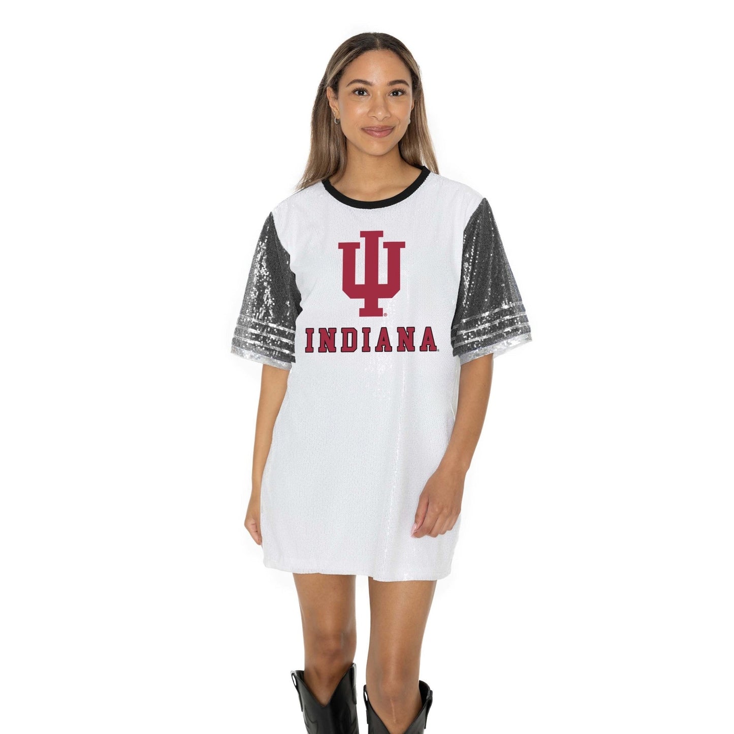 INDIANA HOOSIERS BLING IT FULL SEQUIN FASHION JERSEY TUNIC DRESS WITH SPORTS STRIPE SLEEVE DETAIL AND LIGHTWEIGHT GARMENT LINING - The Club