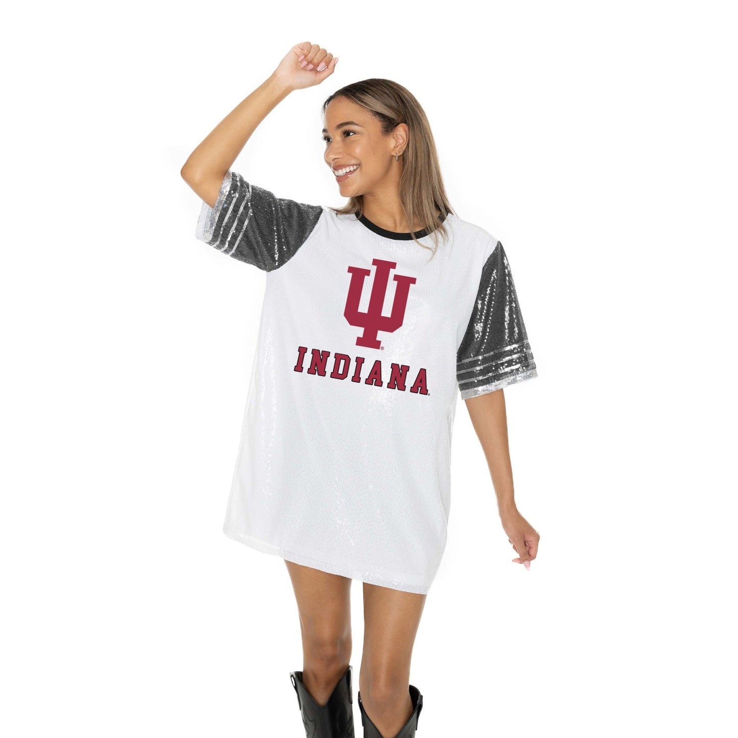 INDIANA HOOSIERS BLING IT FULL SEQUIN FASHION JERSEY TUNIC DRESS WITH SPORTS STRIPE SLEEVE DETAIL AND LIGHTWEIGHT GARMENT LINING - The Club