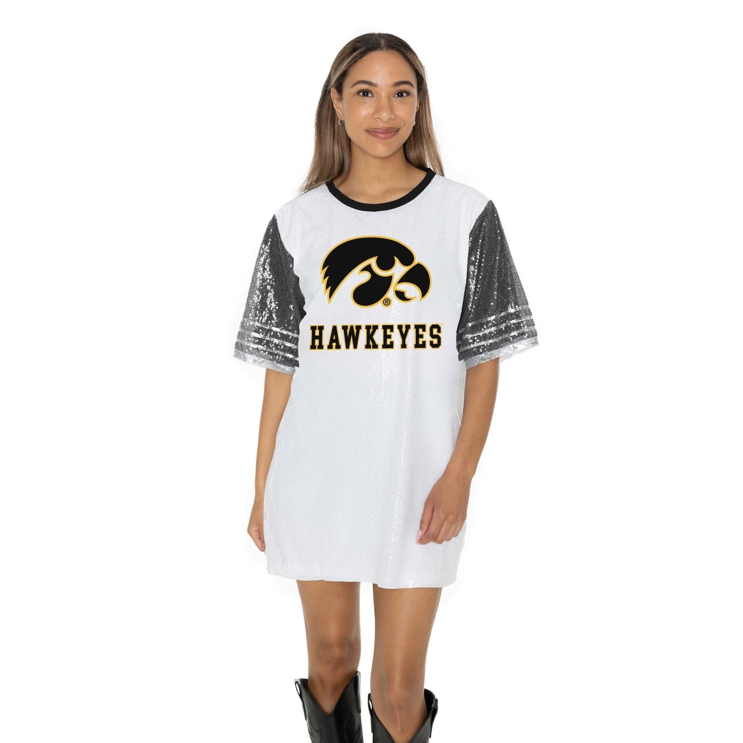 IOWA HAWKEYES BLING IT FULL SEQUIN FASHION JERSEY TUNIC DRESS WITH SPORTS STRIPE SLEEVE DETAIL AND LIGHTWEIGHT GARMENT LINING - The Club