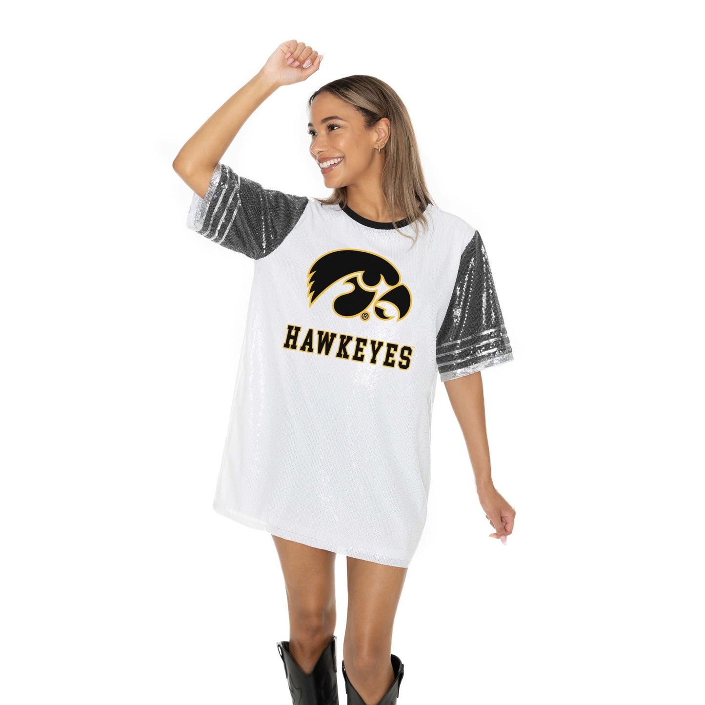 IOWA HAWKEYES BLING IT FULL SEQUIN FASHION JERSEY TUNIC DRESS WITH SPORTS STRIPE SLEEVE DETAIL AND LIGHTWEIGHT GARMENT LINING - The Club