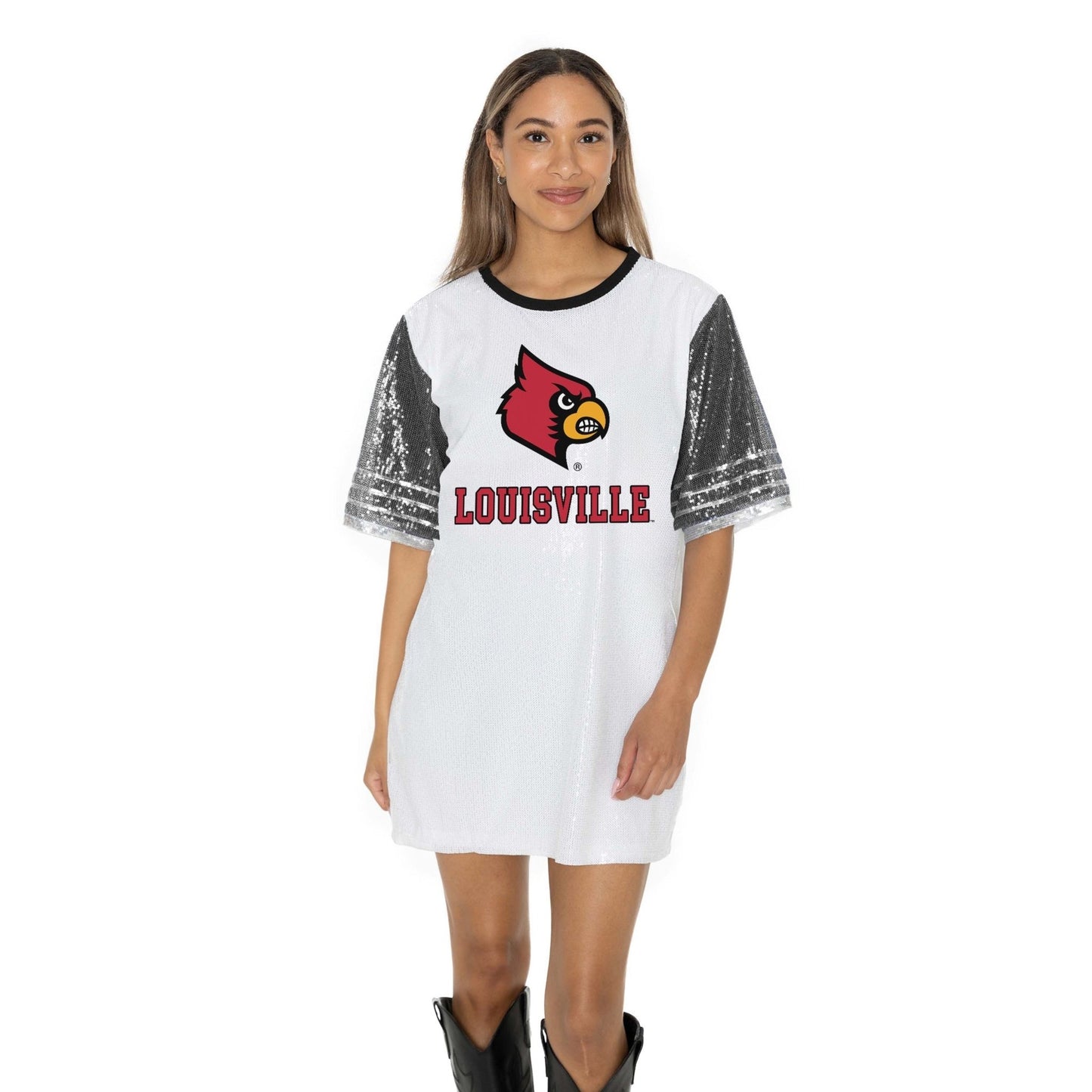 LOUISVILLE CARDINALS BLING IT FULL SEQUIN FASHION JERSEY TUNIC DRESS WITH SPORTS STRIPE SLEEVE DETAIL AND LIGHTWEIGHT GARMENT LINING - The Club