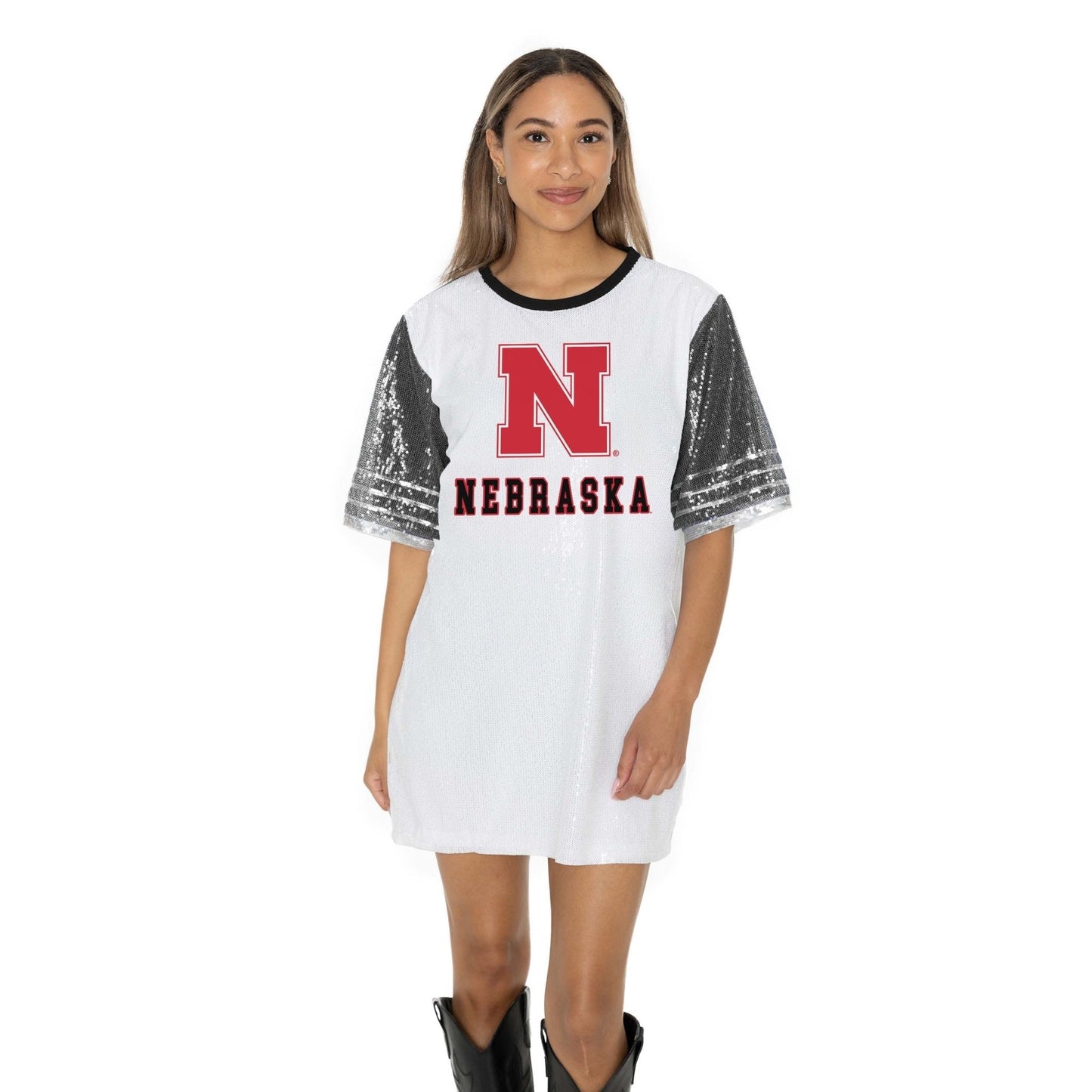 NEBRASKA CORNHUSKERS BLING IT FULL SEQUIN FASHION JERSEY TUNIC DRESS WITH SPORTS STRIPE SLEEVE DETAIL AND LIGHTWEIGHT GARMENT LINING - The Club