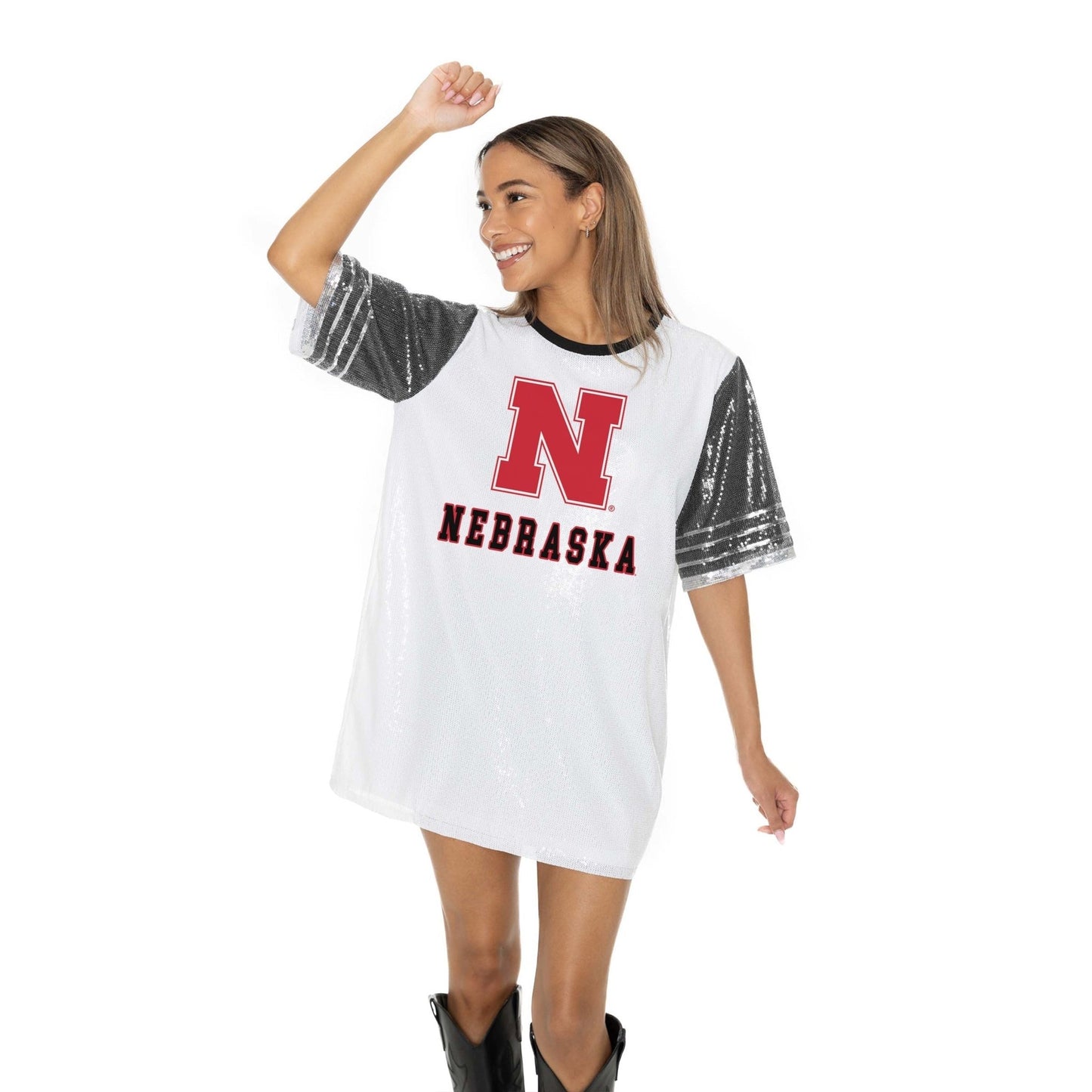 NEBRASKA CORNHUSKERS BLING IT FULL SEQUIN FASHION JERSEY TUNIC DRESS WITH SPORTS STRIPE SLEEVE DETAIL AND LIGHTWEIGHT GARMENT LINING - The Club