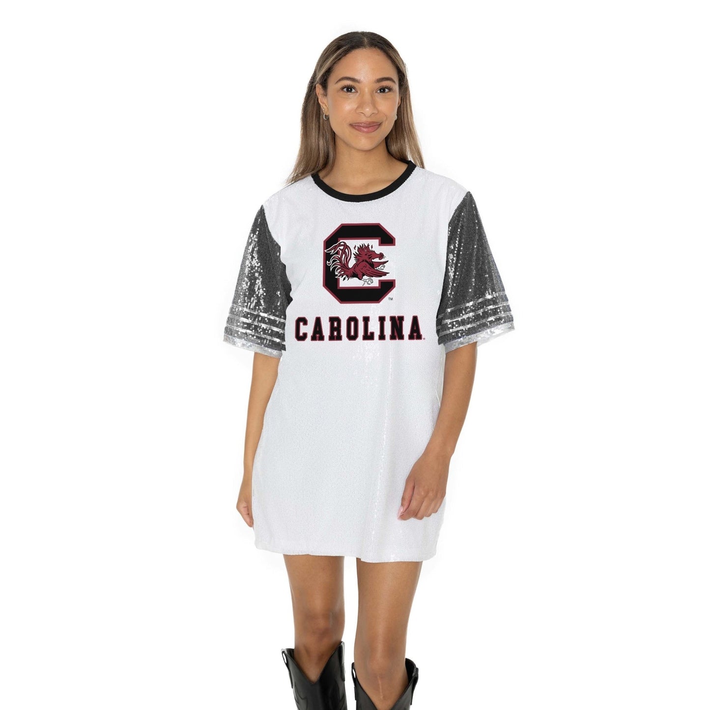 SOUTH CAROLINA GAMECOCKS BLING IT FULL SEQUIN FASHION JERSEY TUNIC DRESS WITH SPORTS STRIPE SLEEVE DETAIL AND LIGHTWEIGHT GARMENT LINING - The Club