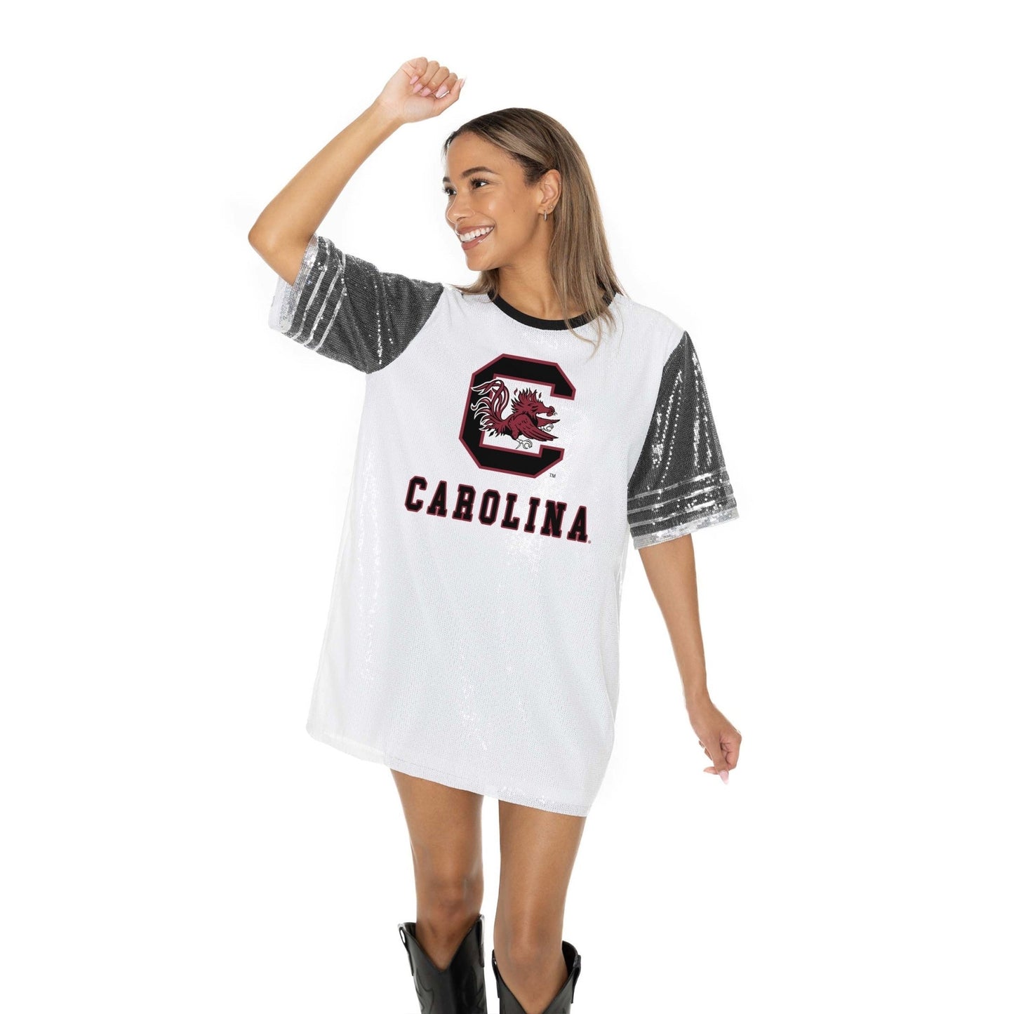 SOUTH CAROLINA GAMECOCKS BLING IT FULL SEQUIN FASHION JERSEY TUNIC DRESS WITH SPORTS STRIPE SLEEVE DETAIL AND LIGHTWEIGHT GARMENT LINING - The Club