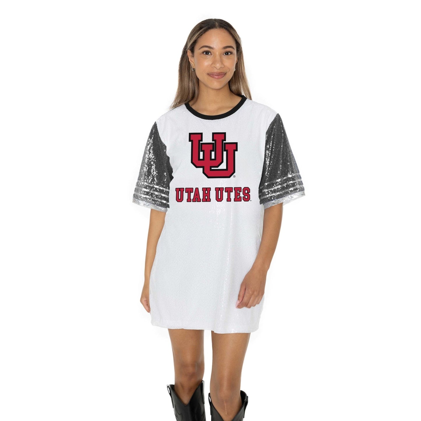 UTAH UTES BLING IT FULL SEQUIN FASHION JERSEY TUNIC DRESS WITH SPORTS STRIPE SLEEVE DETAIL AND LIGHTWEIGHT GARMENT LINING - The Club