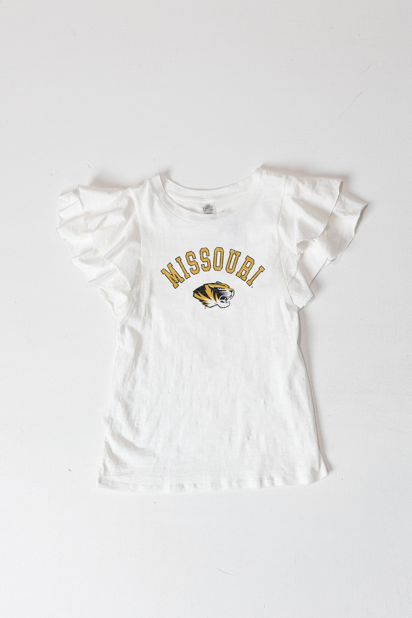 MISSOURI TIGERS ALL IN TO WIN FLUTTER SLEEVE CREWNECK TOP
