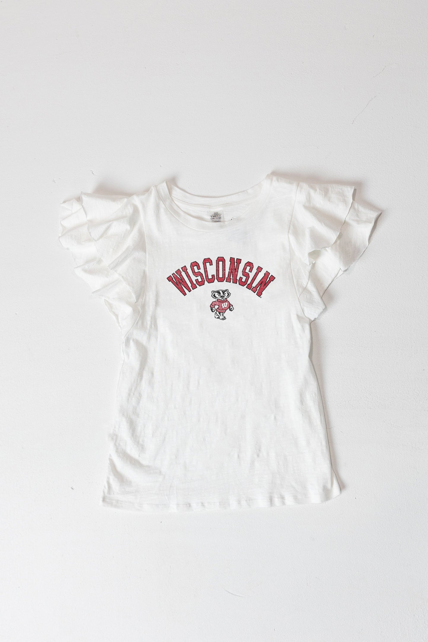WISCONSIN BADGERS ALL IN TO WIN FLUTTER SLEEVE CREWNECK TOP