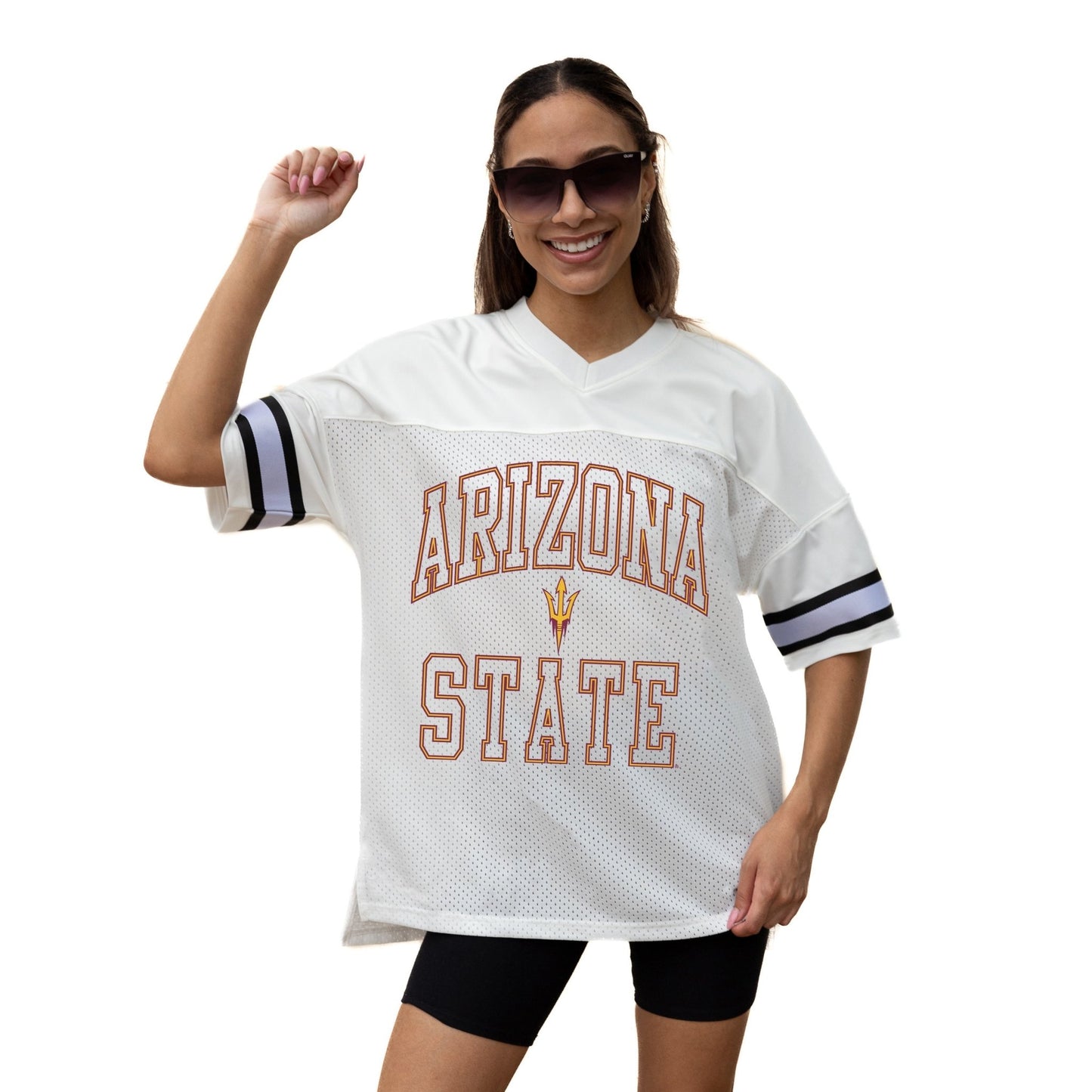 ARIZONA STATE SUN DEVILS A STEP AHEAD ICONIC OVERSIZED MESH SHORT SLEEVE V - NECK FASHION JERSEY TOP WITH SIDE SLITS - The Club