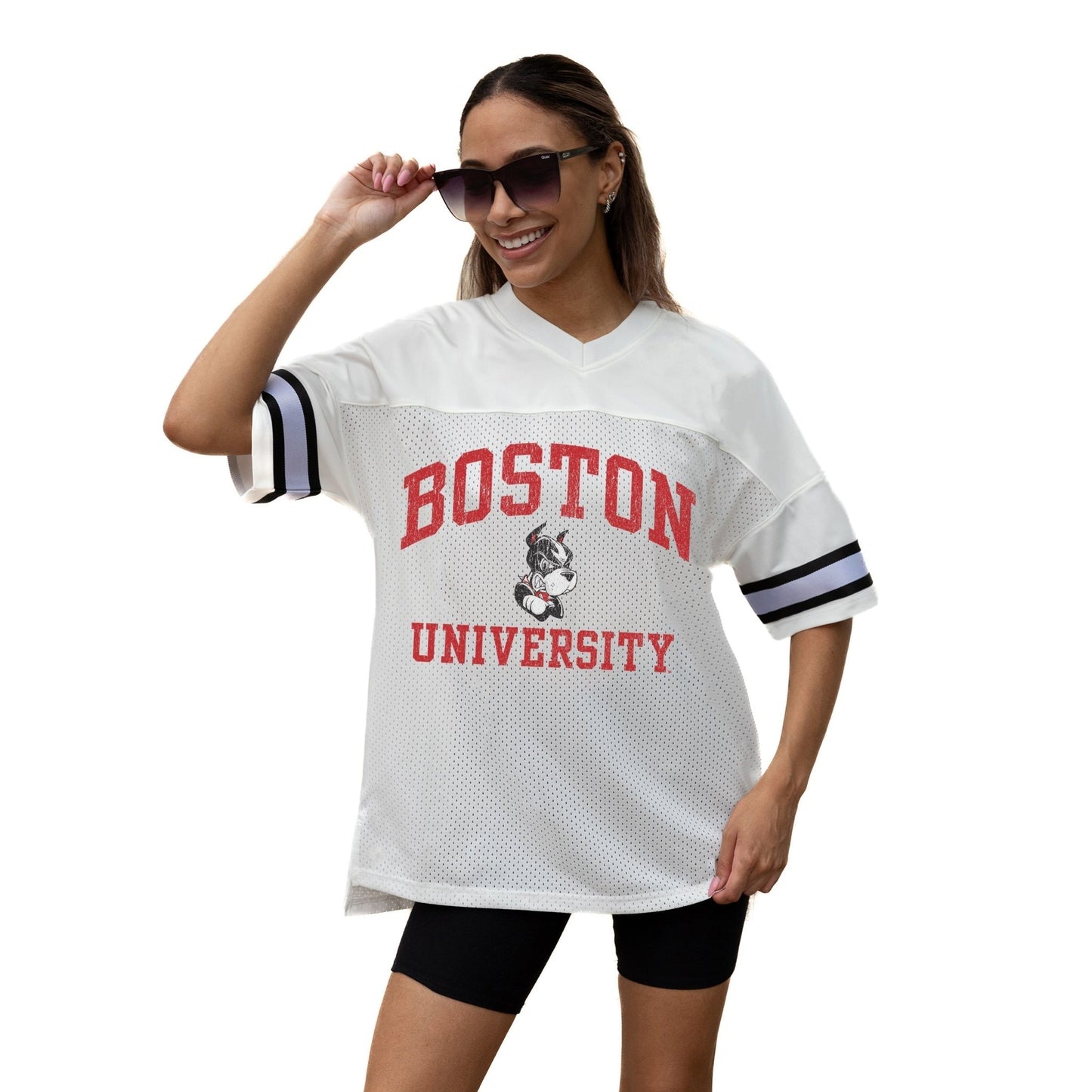 BOSTON UNIVERSITY TERRIERS A STEP AHEAD ICONIC OVERSIZED MESH SHORT SLEEVE V - NECK FASHION JERSEY TOP WITH SIDE SLITS - The Club