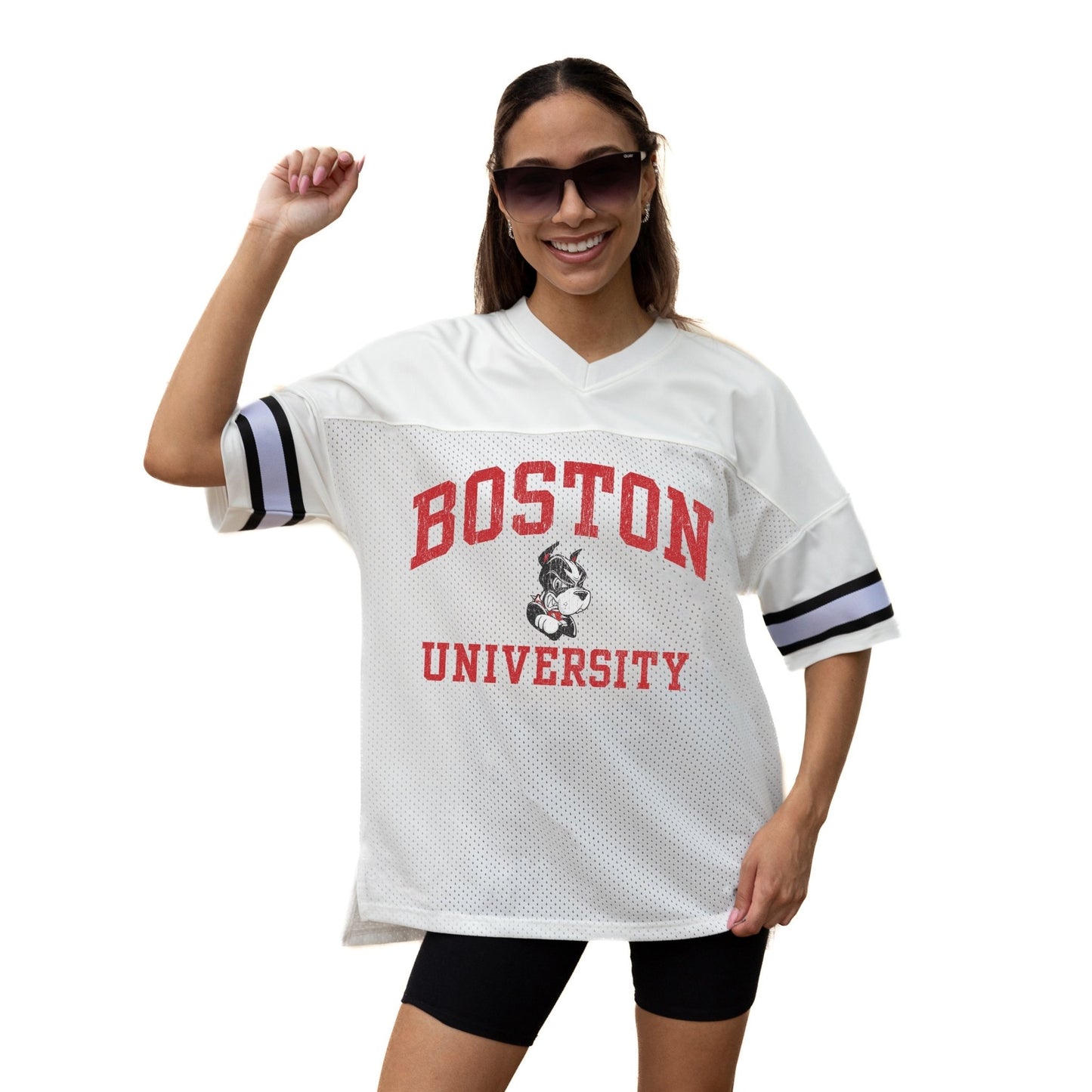 BOSTON UNIVERSITY TERRIERS A STEP AHEAD ICONIC OVERSIZED MESH SHORT SLEEVE V - NECK FASHION JERSEY TOP WITH SIDE SLITS - The Club