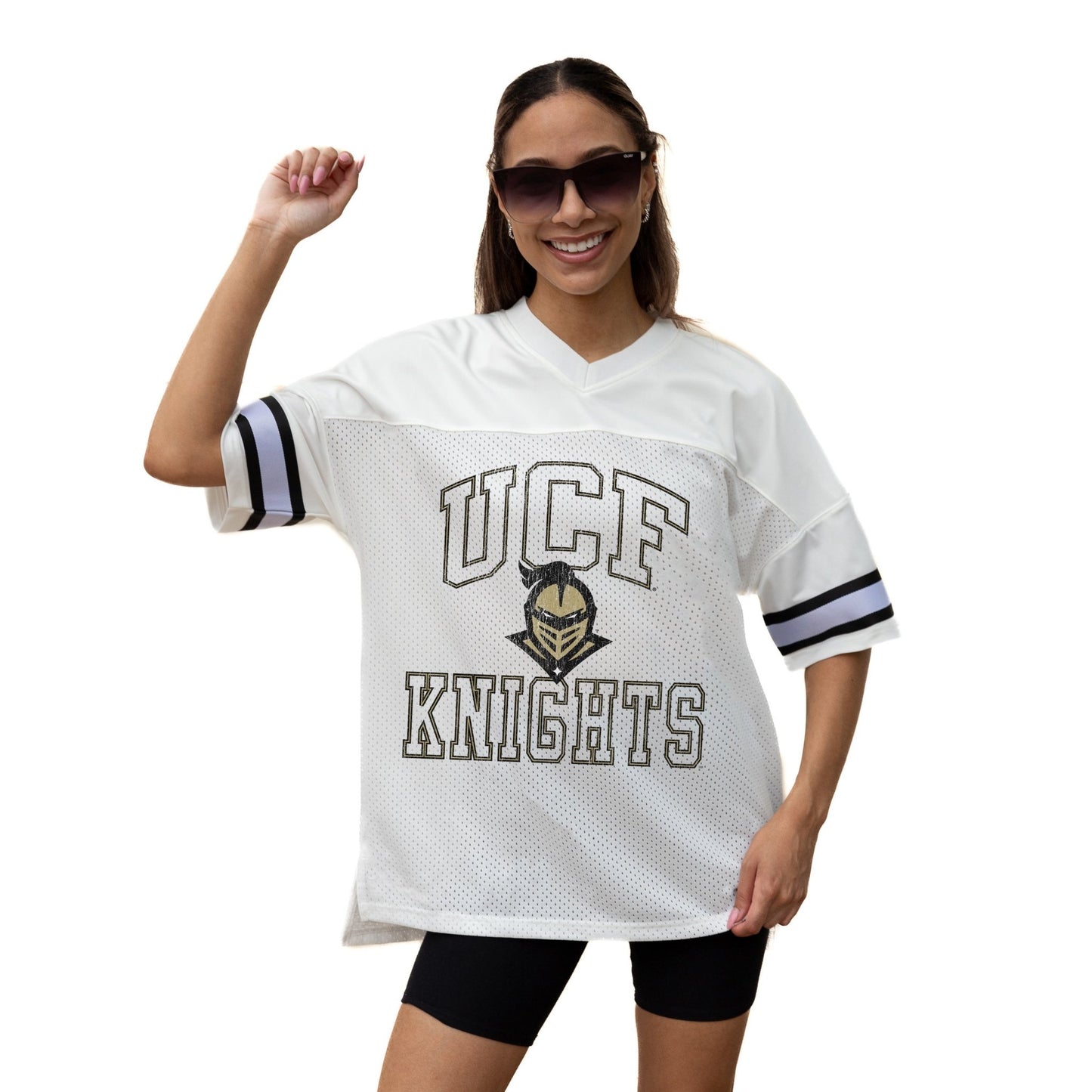 CENTRAL FLORIDA KNIGHTS A STEP AHEAD ICONIC OVERSIZED MESH SHORT SLEEVE V - NECK FASHION JERSEY TOP WITH SIDE SLITS - The Club