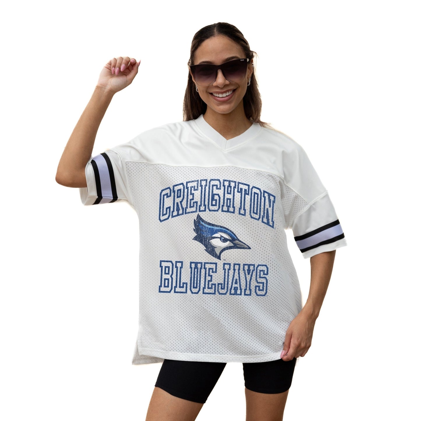 CREIGHTON BLUEJAYS A STEP AHEAD ICONIC OVERSIZED MESH SHORT SLEEVE V - NECK FASHION JERSEY TOP WITH SIDE SLITS - The Club