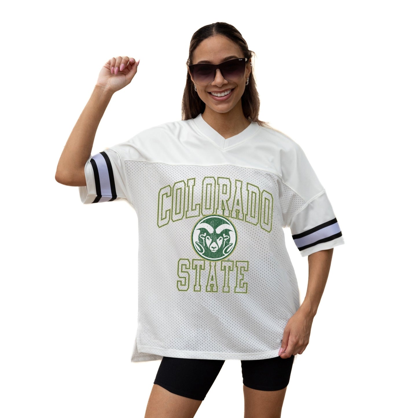COLORADO STATE RAMS A STEP AHEAD ICONIC OVERSIZED MESH SHORT SLEEVE V - NECK FASHION JERSEY TOP WITH SIDE SLITS - The Club