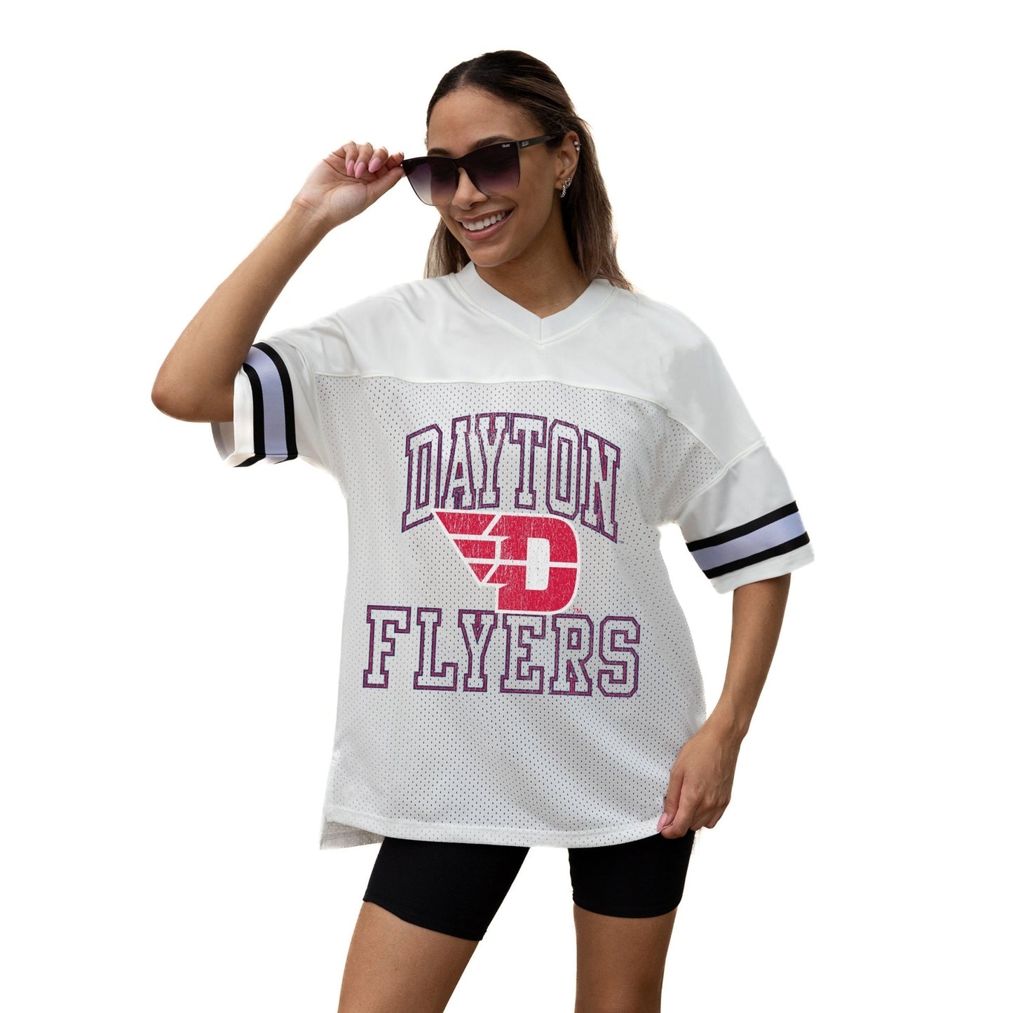 DAYTON FLYERS A STEP AHEAD ICONIC OVERSIZED MESH SHORT SLEEVE V - NECK FASHION JERSEY TOP WITH SIDE SLITS - The Club