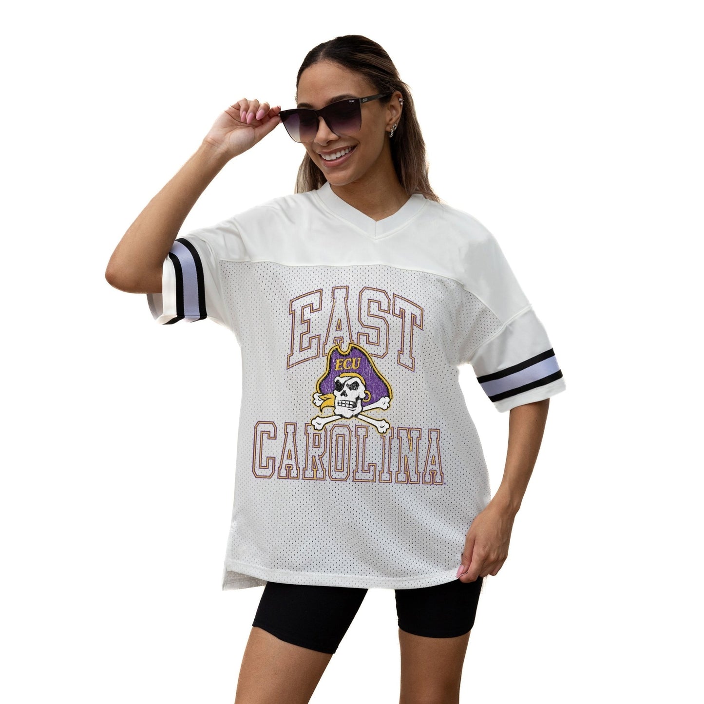 EAST CAROLINA PIRATES A STEP AHEAD ICONIC OVERSIZED MESH SHORT SLEEVE V - NECK FASHION JERSEY TOP WITH SIDE SLITS - The Club