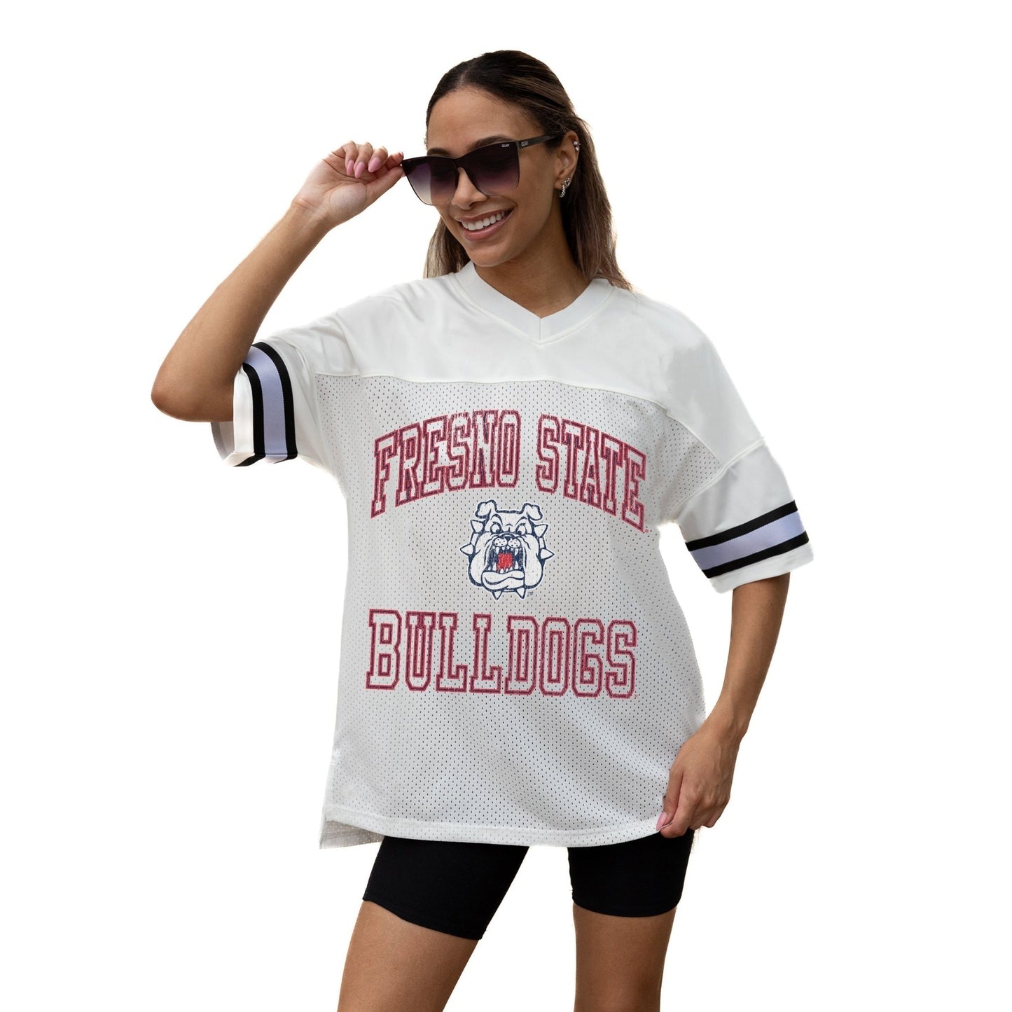 FRESNO STATE BULLDOGS A STEP AHEAD ICONIC OVERSIZED MESH SHORT SLEEVE V - NECK FASHION JERSEY TOP WITH SIDE SLITS - The Club